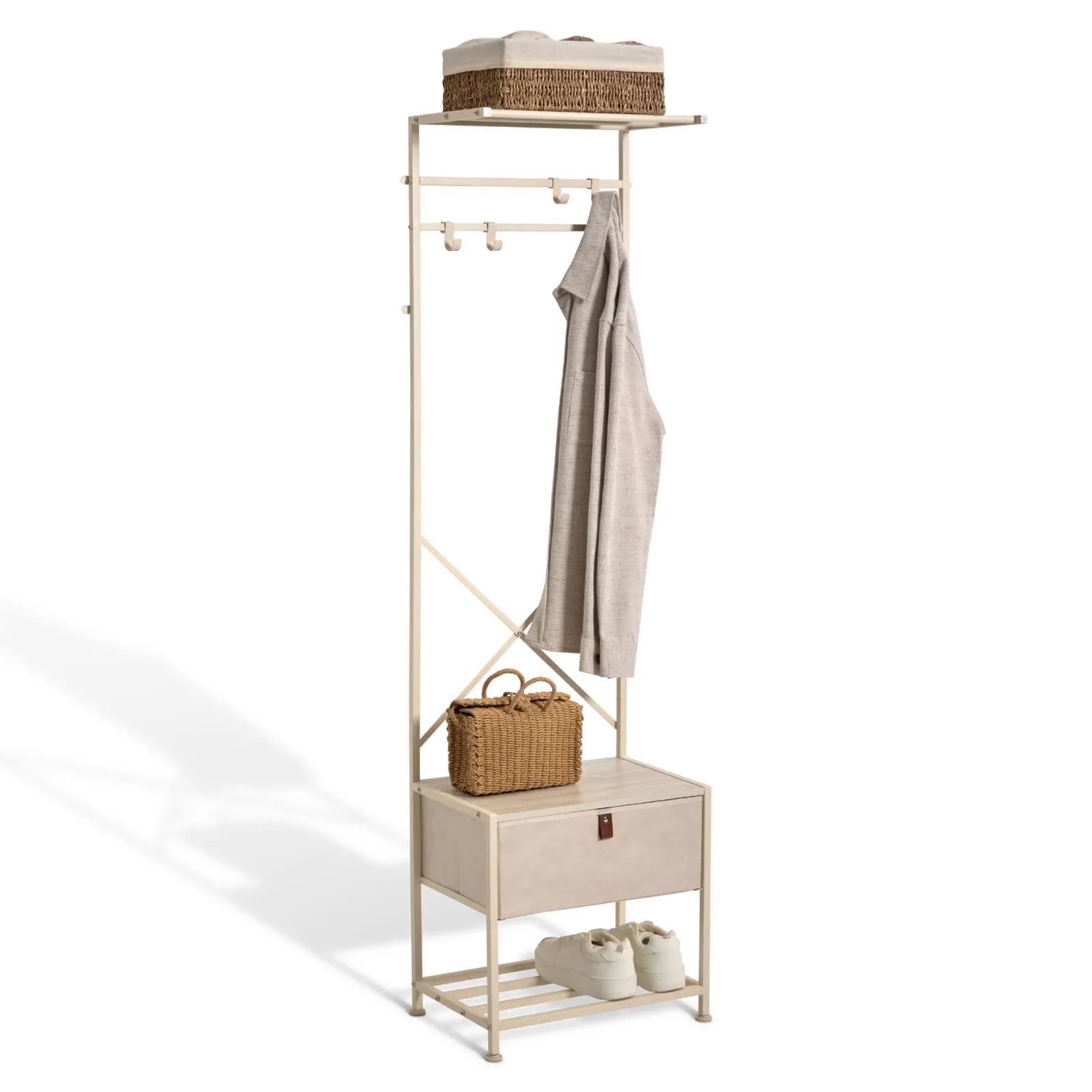 Appendiabiti 45x160h cm in acciaio con cassetto in tessuto beige - Texty