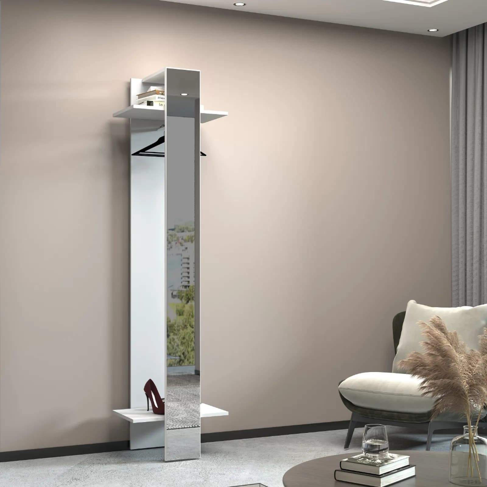Appendiabiti 50x190h cm con specchio e mensole bianco lucido - Eudora