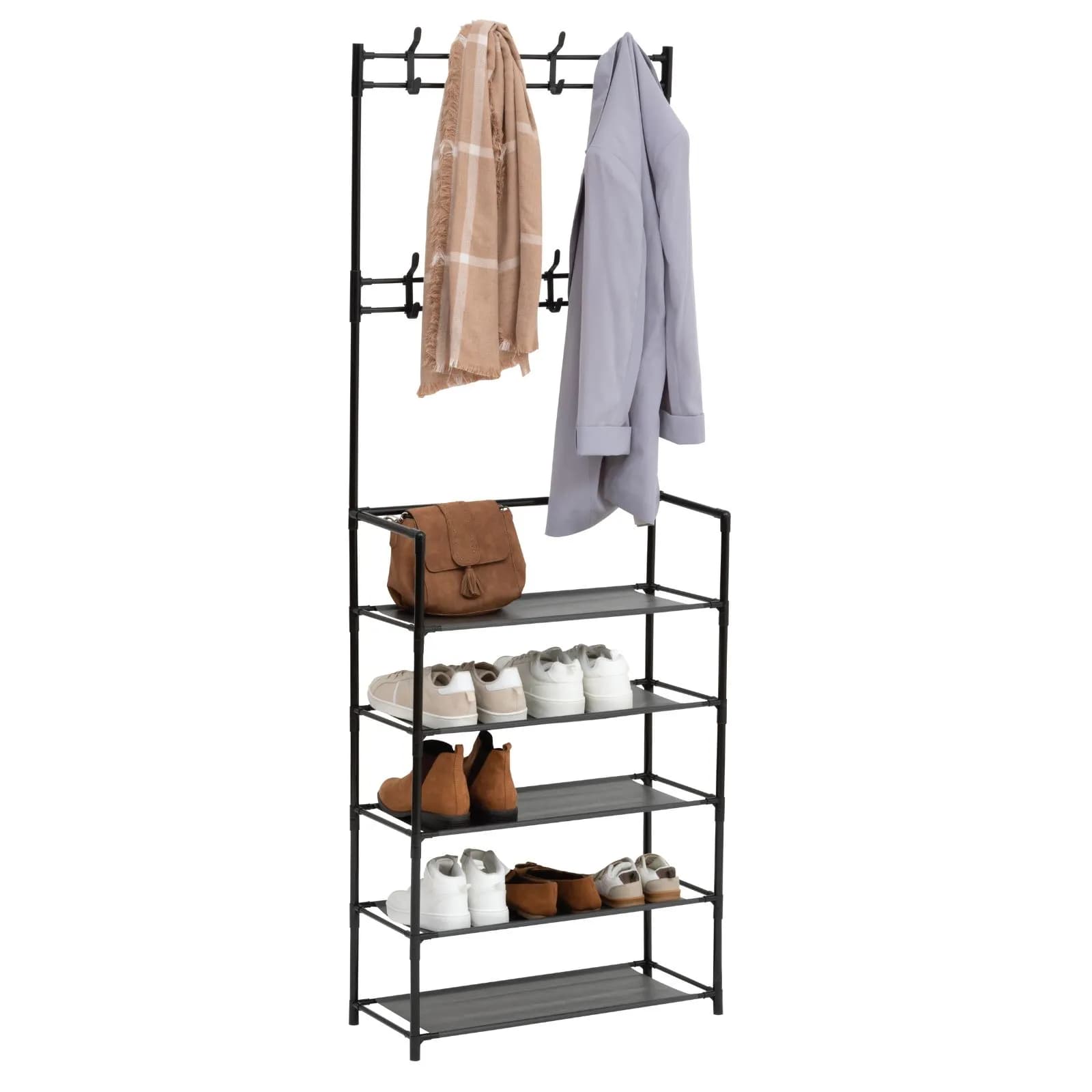 Mobile d'ingresso 60x170h cm in acciaio nero con scarpiera a 6 ripiani in tessuto e 8 ganci