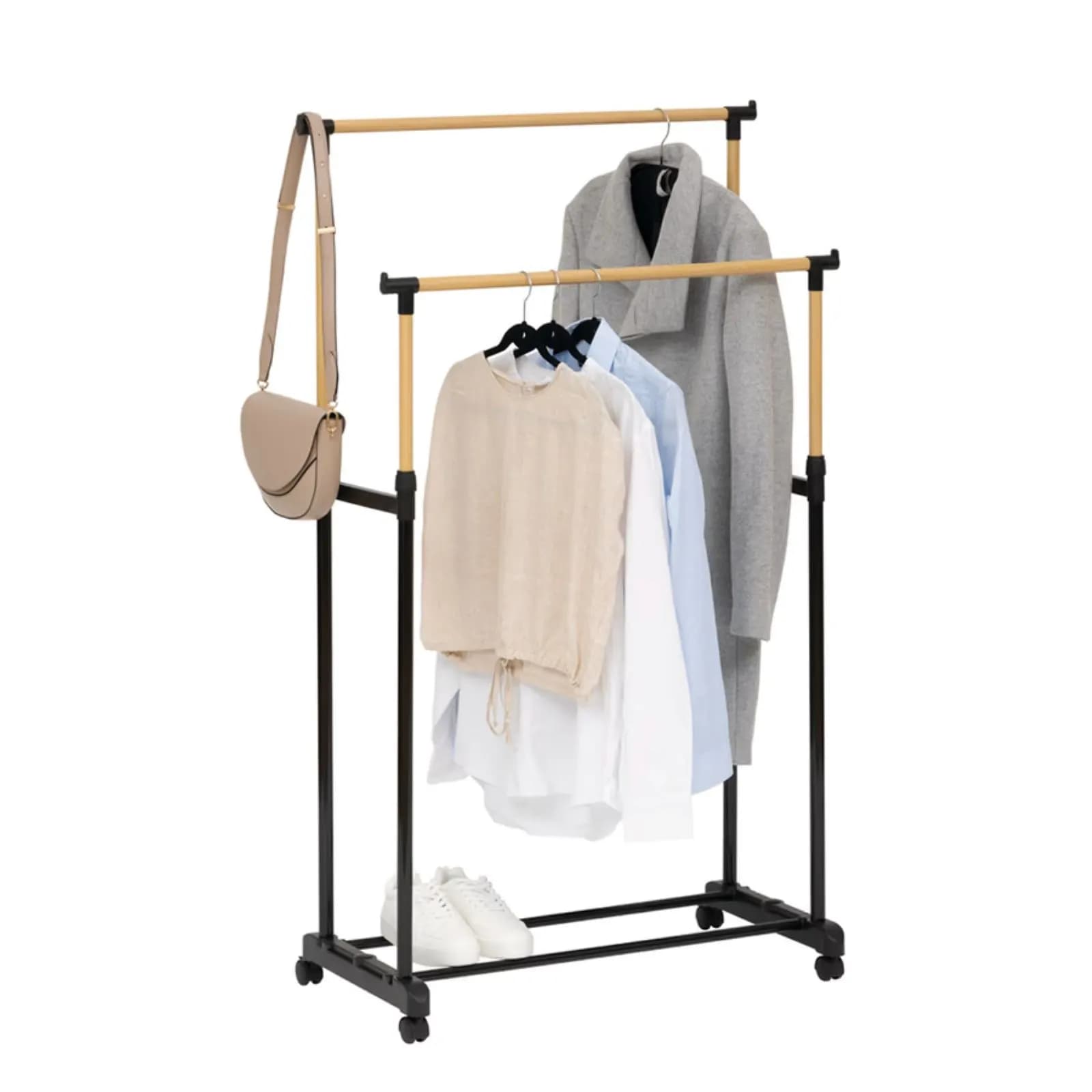 Appendiabiti allungabile doppio 165h cm con ruote in metallo nero ed effetto legno