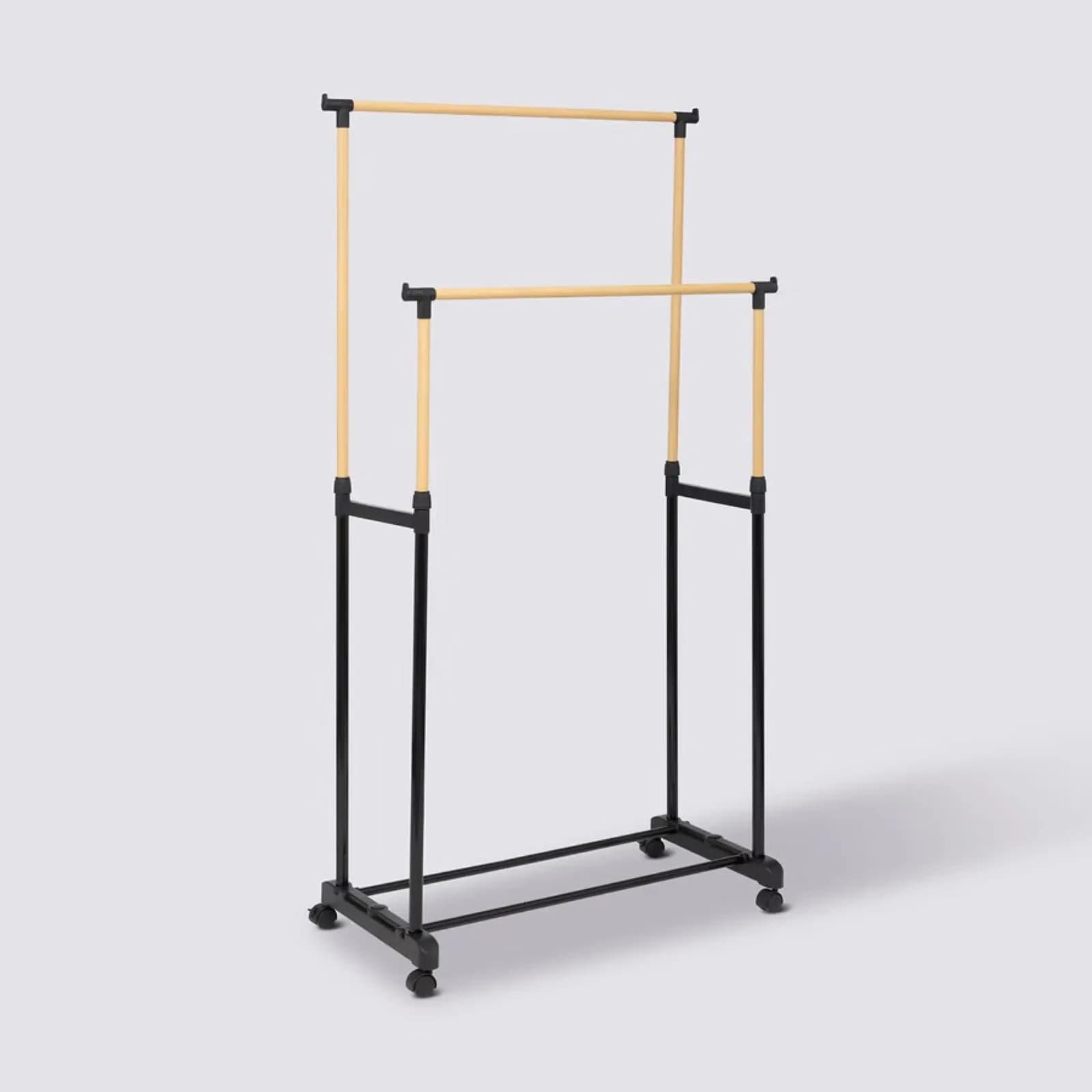 Appendiabiti allungabile doppio 165h cm con ruote in metallo nero ed effetto legno