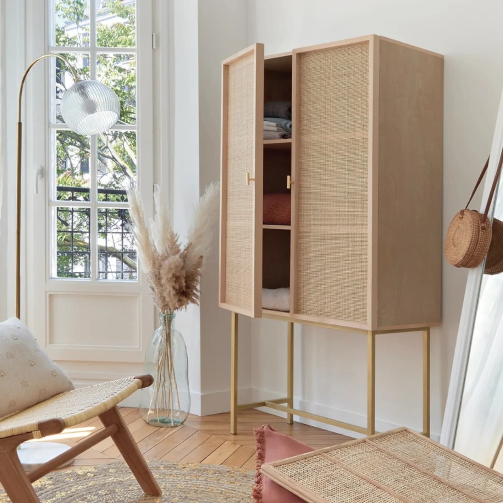 Armadio 80x165h cm in legno e rattan naturale con 2 ante e struttura oro - Vallecas