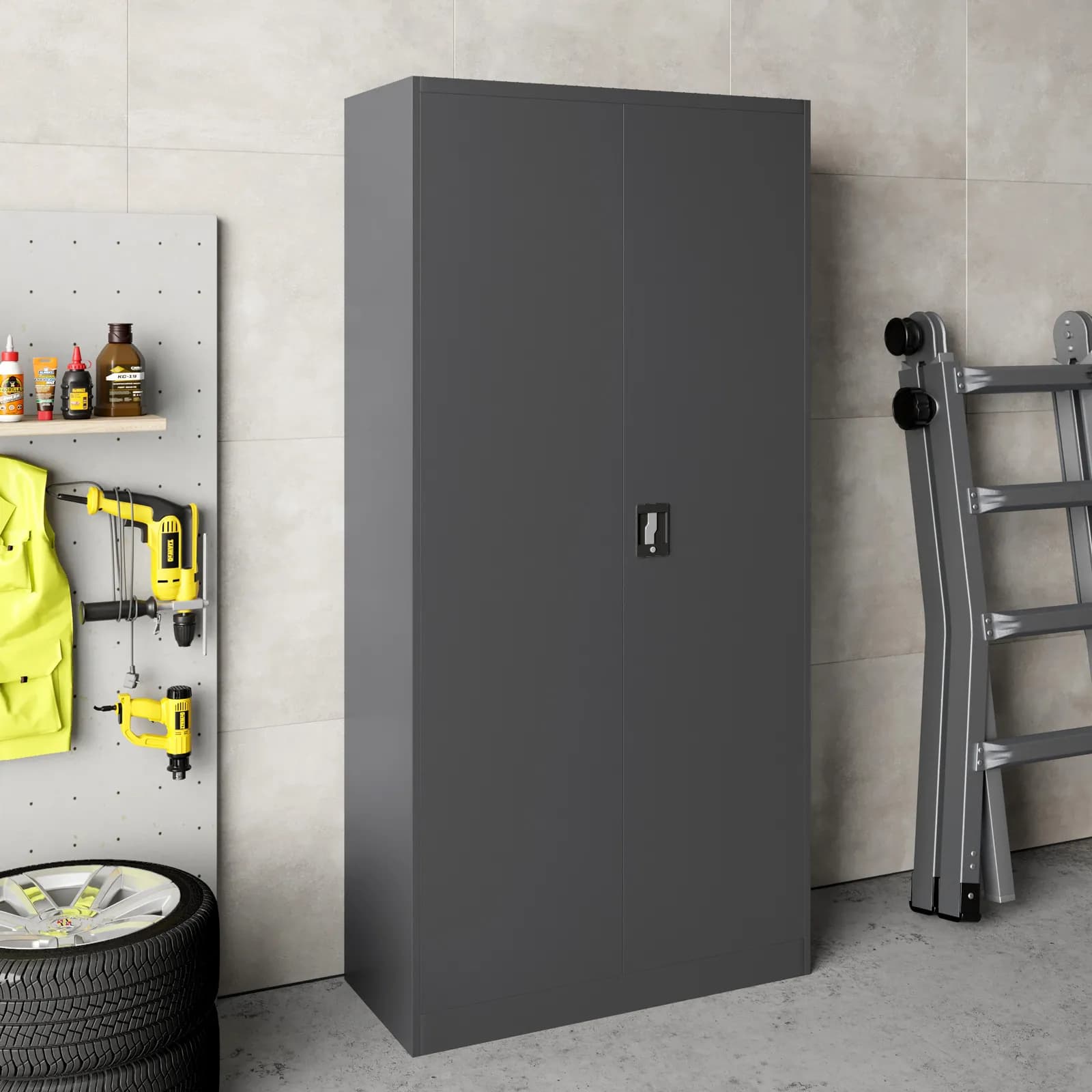 Armadio 90x185h cm in metallo grigio con 2 ante battenti e serratura - Bunel
