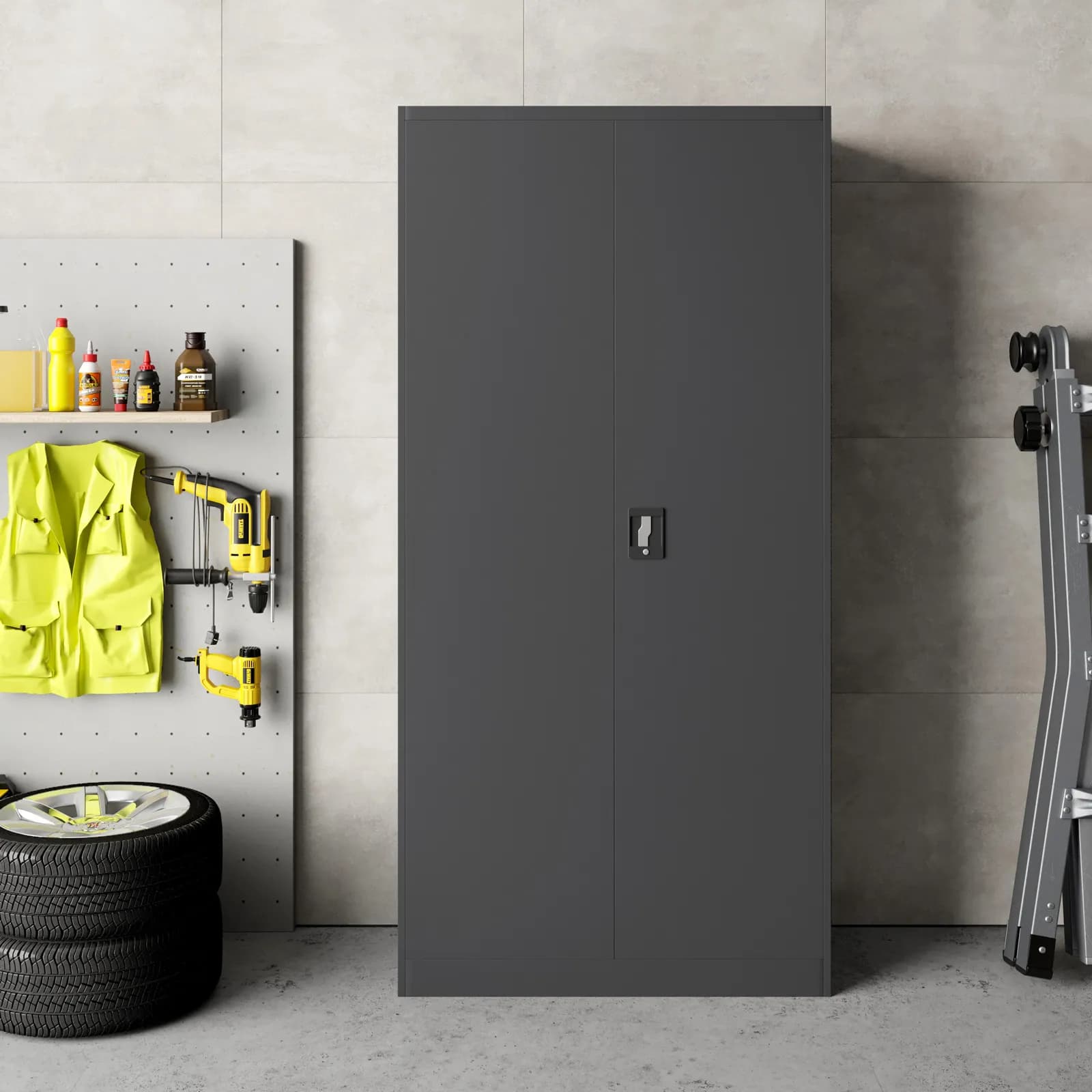 Armadio 90x185h cm in metallo grigio con 2 ante battenti e serratura - Bunel