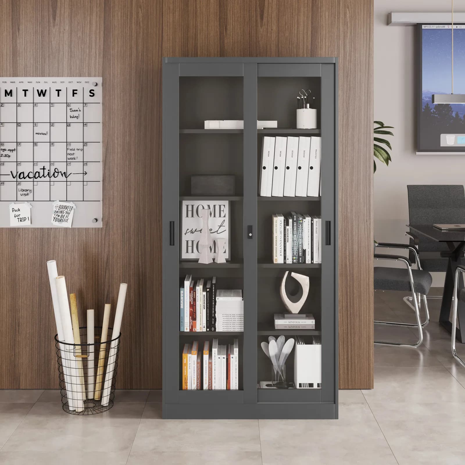 Armadio 90x185h cm in metallo grigio con 2 ante scorrevoli e serratura - Bunel