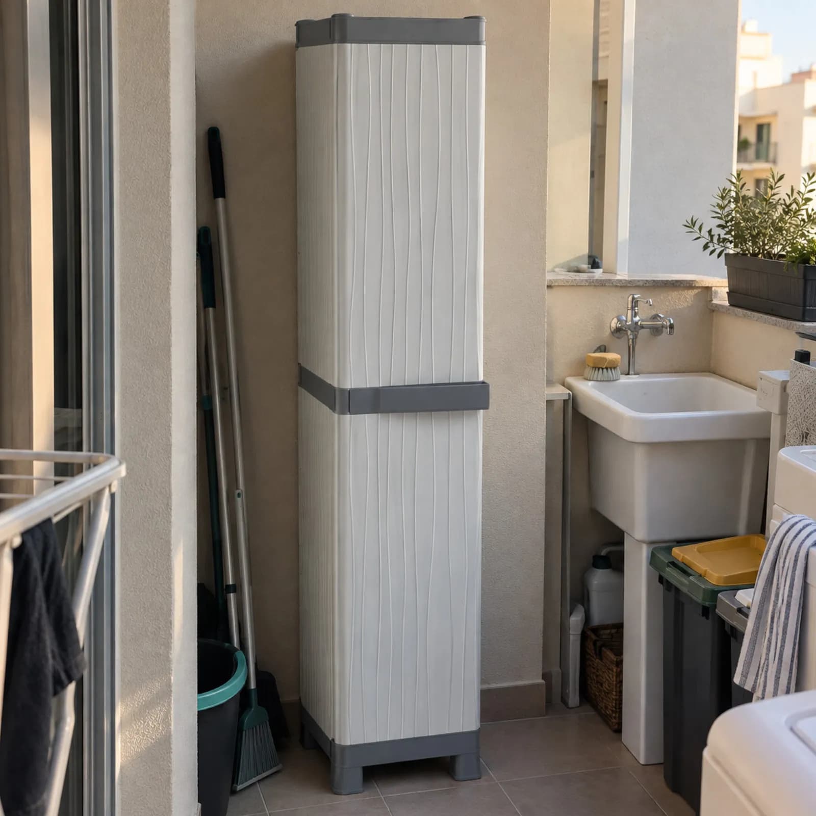 Armadio alto per esterno effetto legno con anta e 4 ripiani regolabili