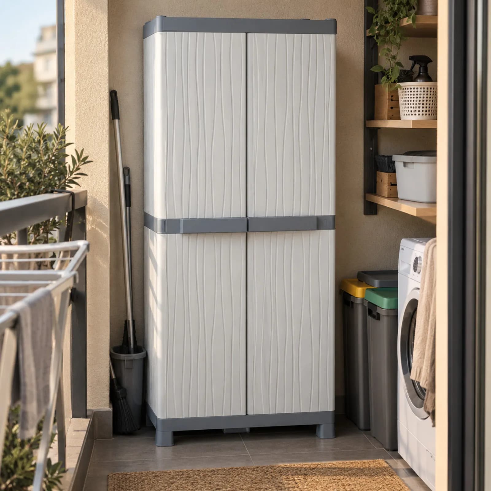 Armadio alto per esterno effetto legno con doppia anta e ripiani regolabili