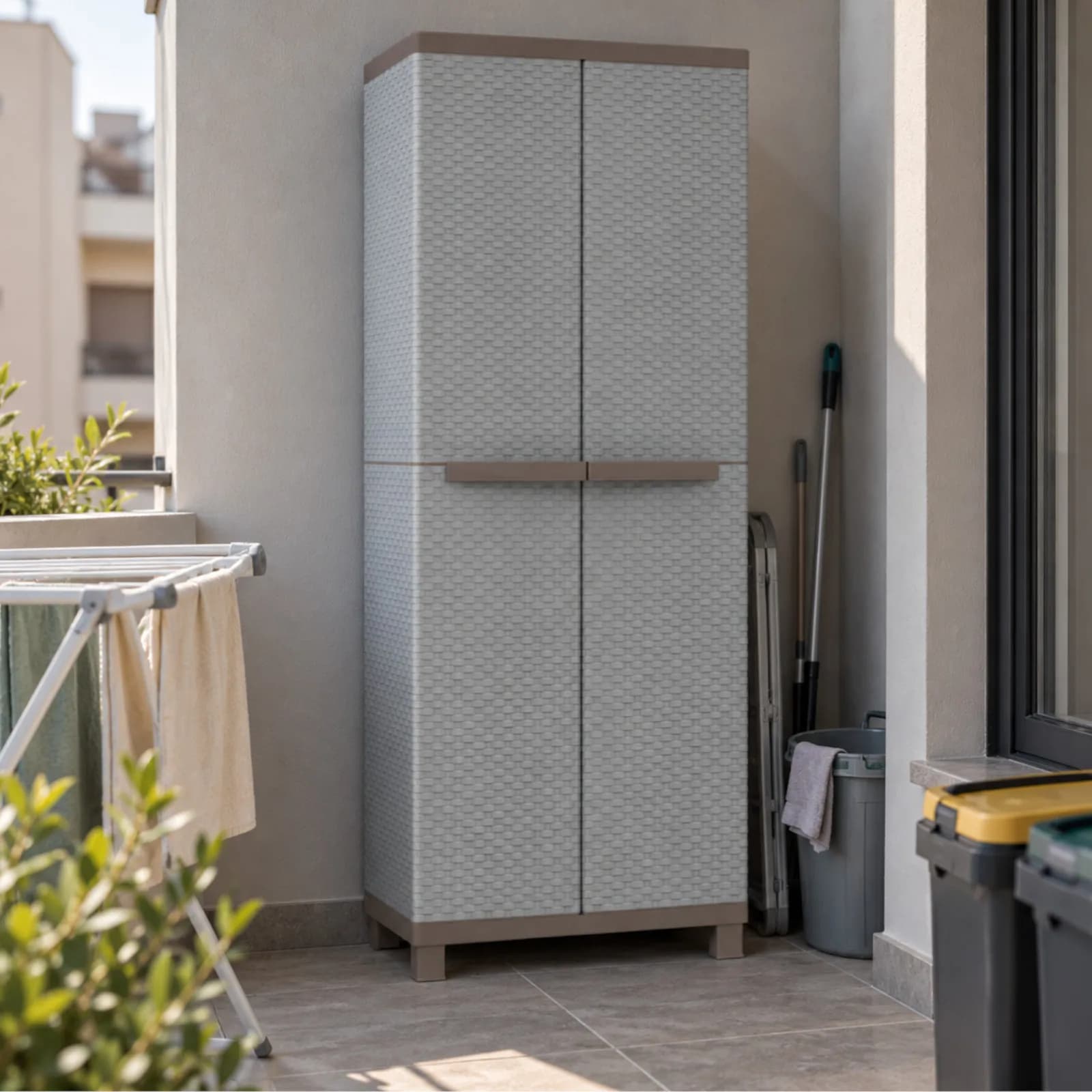 Armadio 68x170h cm per giardino effetto rattan con doppia anta porta scope con 3 ripiani