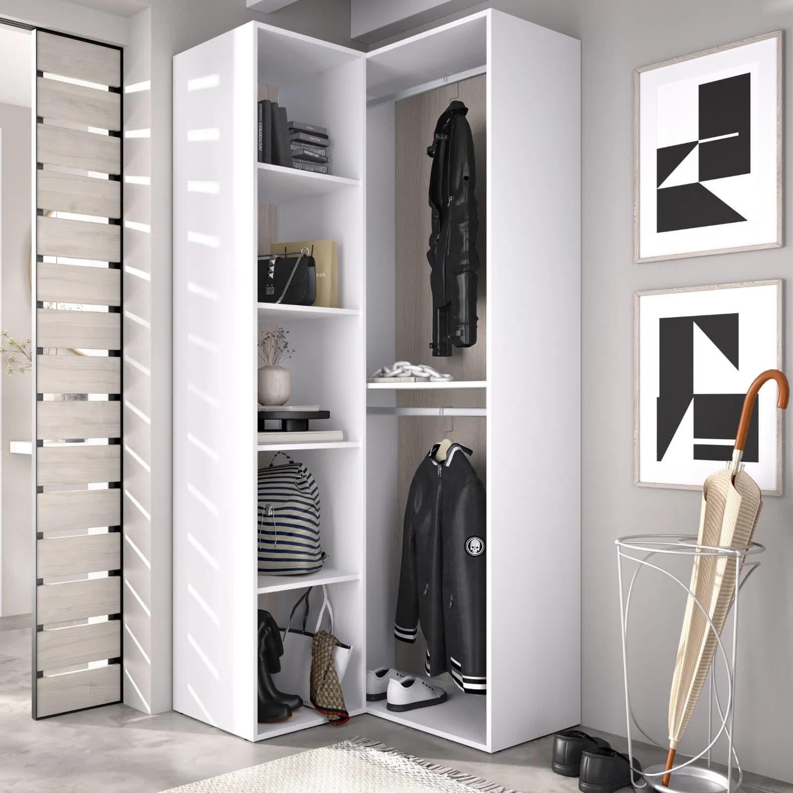 Armadio angolare 85x205h cm bianco ed effetto rovere naturale con vani a giorno - Bernac