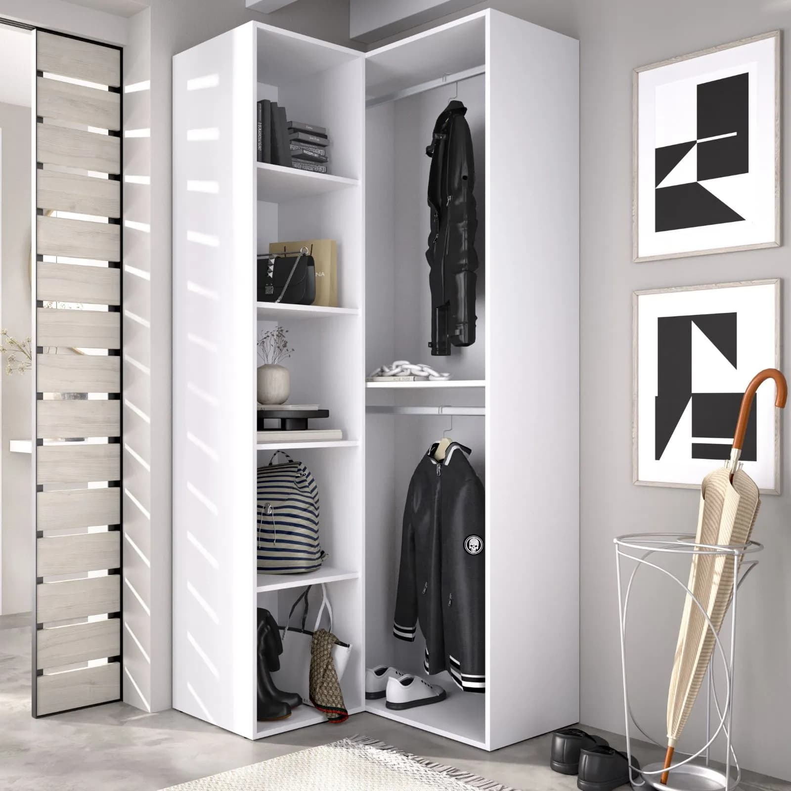Armadio angolare 85x205h cm bianco ed effetto rovere naturale con vani a giorno - Bernac