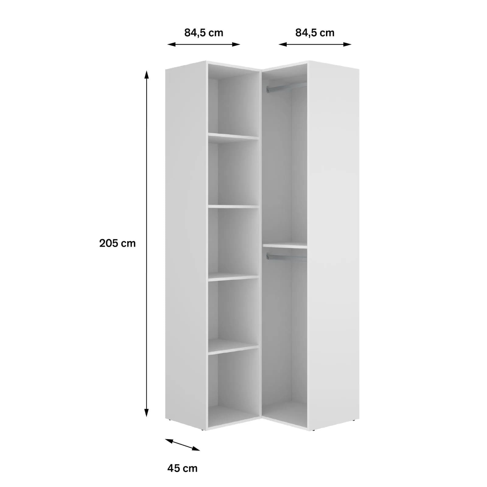 Armadio angolare 85x205h cm bianco ed effetto rovere naturale con vani a giorno - Bernac