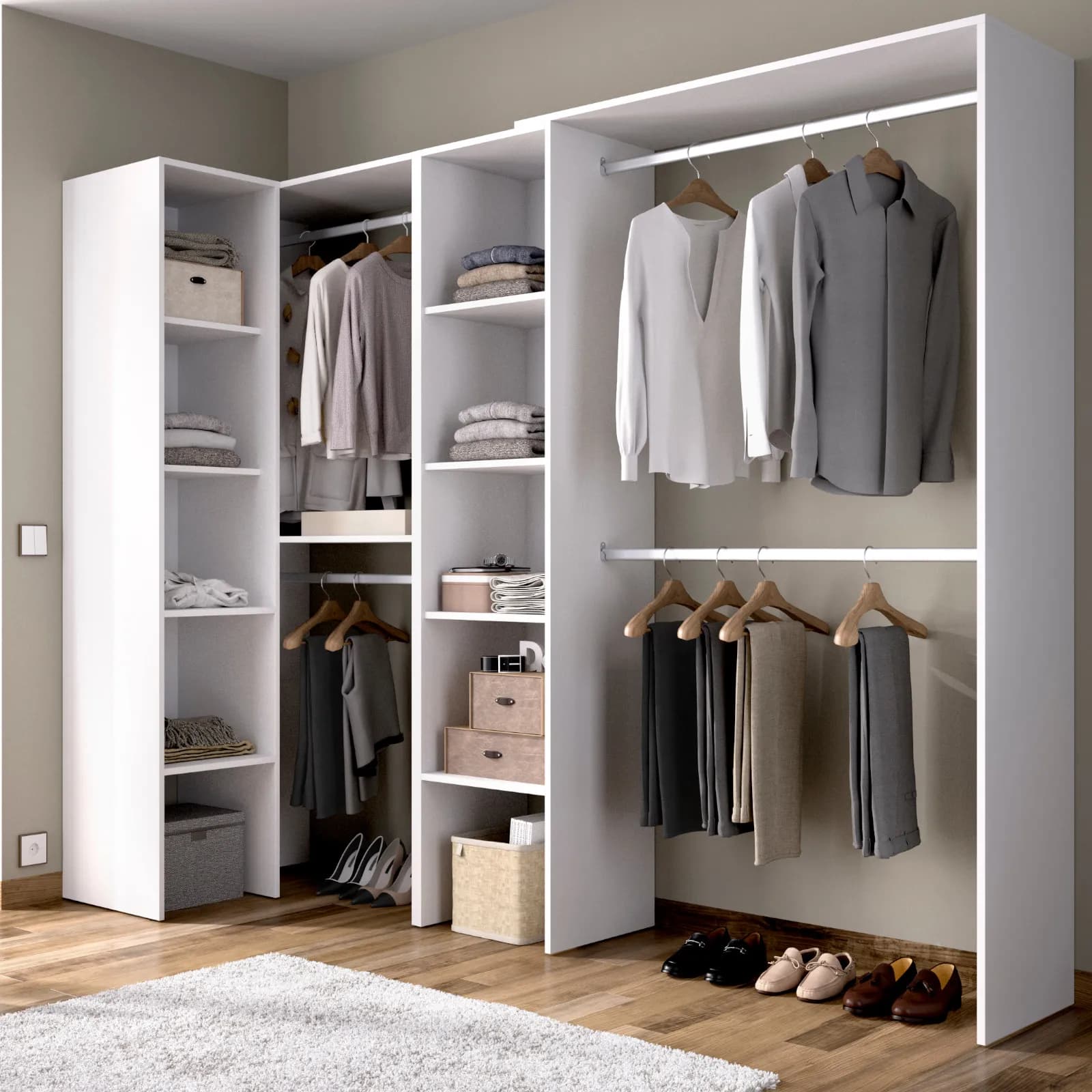 Armadio angolare regolabile 228-198x187 h cm in legno bianco con vani a giorno - Bernac