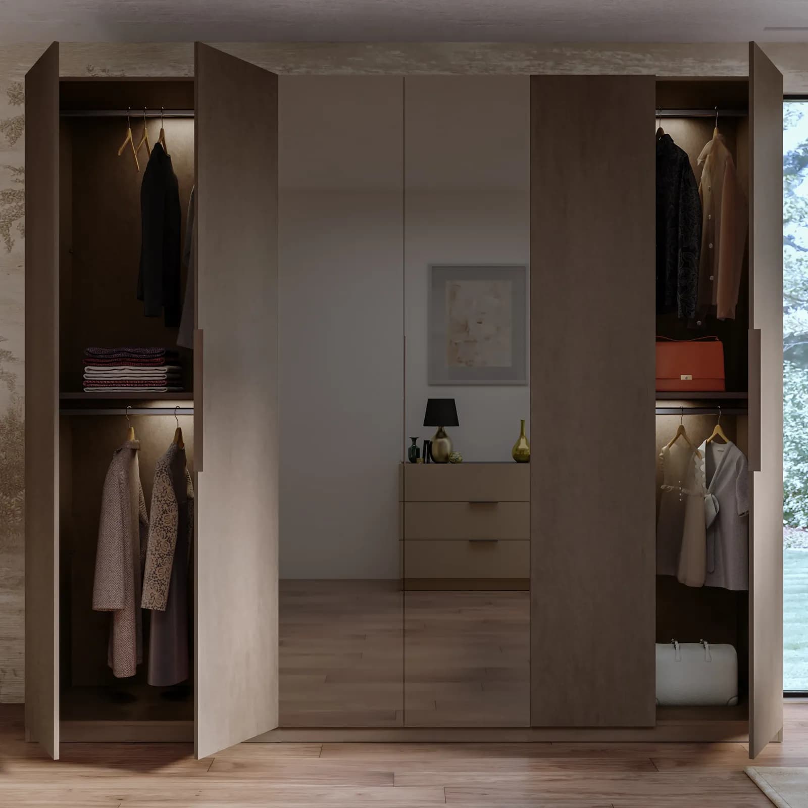 Armadio battente 273x240h cm 6 ante reversibili con soft close bronzo e 2 specchi bronzati - Codey