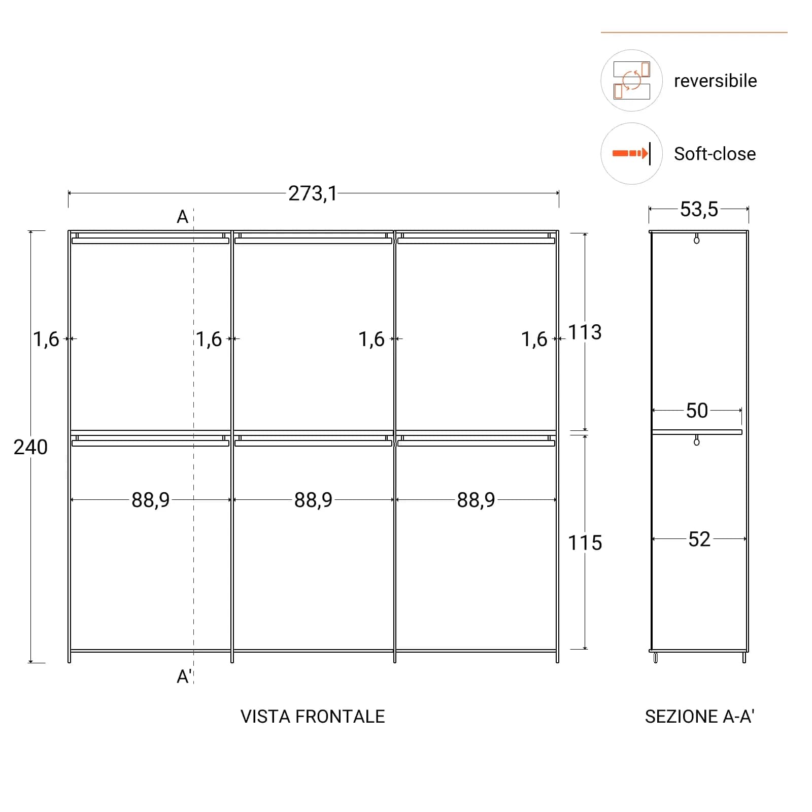 Armadio battente 273x240h cm 6 ante reversibili con soft close bronzo e 3 specchi bronzati - Codey