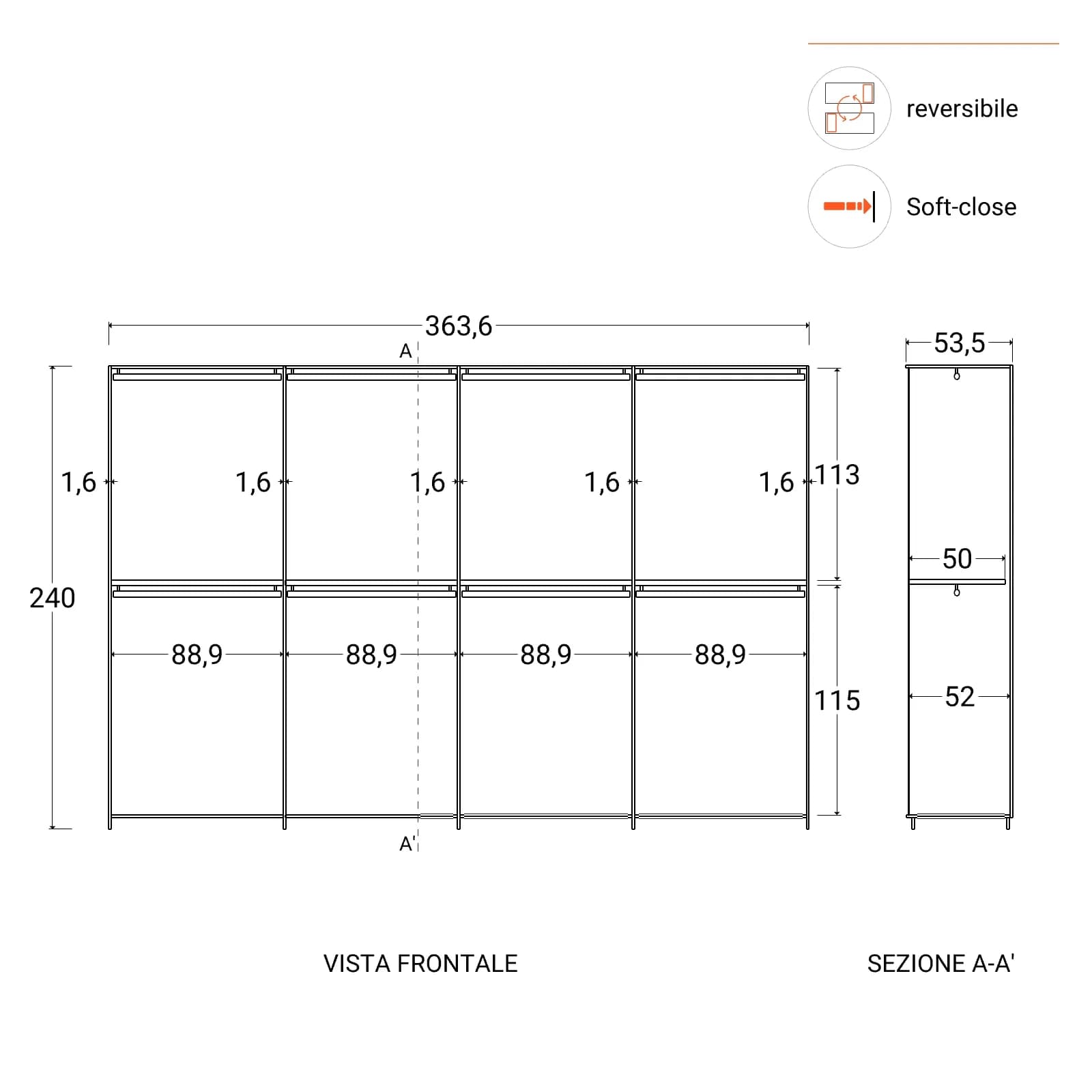 Armadio battente 364x240h cm 8 ante reversibili con soft close bronzo e 4 specchi bronzati - Codey