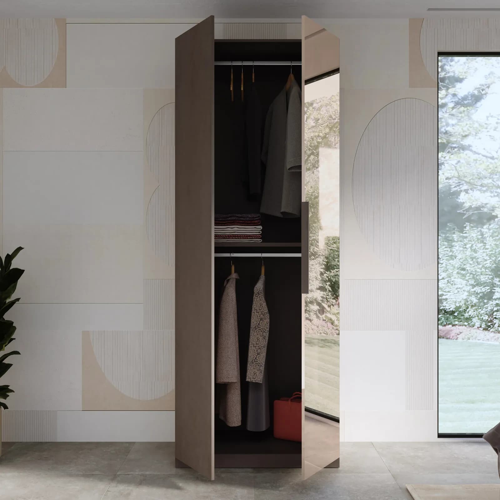 Armadio battente 92x240h cm 2 ante reversibili con 1 specchio bronzato e soft close bronzo - Codey