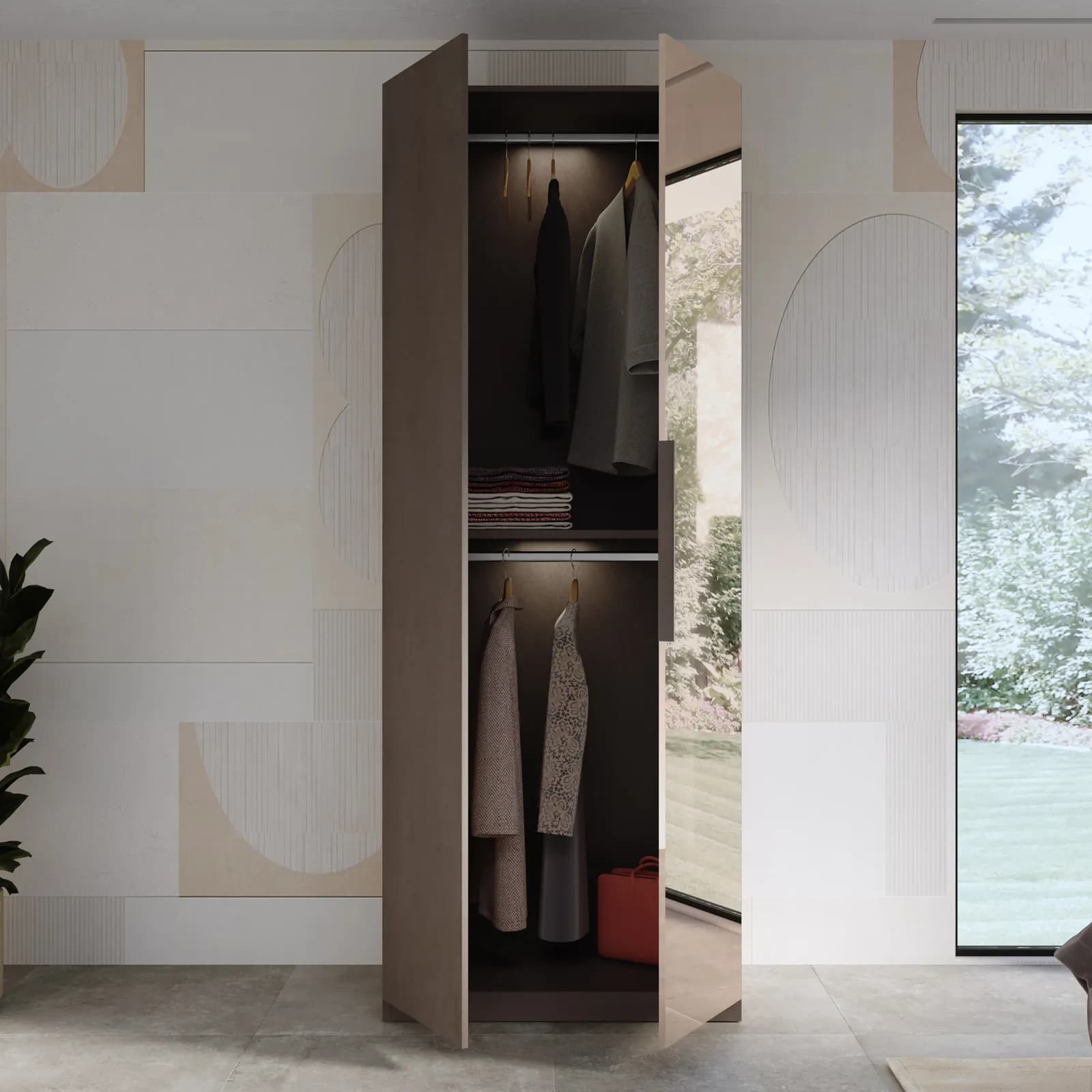 Armadio battente 92x240h cm 2 ante reversibili con 1 specchio bronzato e soft close bronzo - Codey