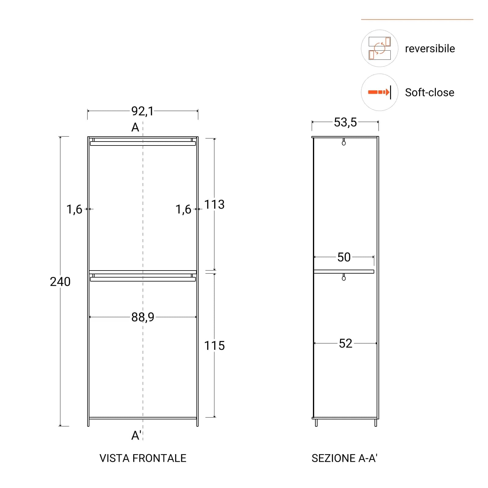Armadio battente 92x240h cm 2 ante reversibili con 1 specchio bronzato e soft close bronzo - Codey