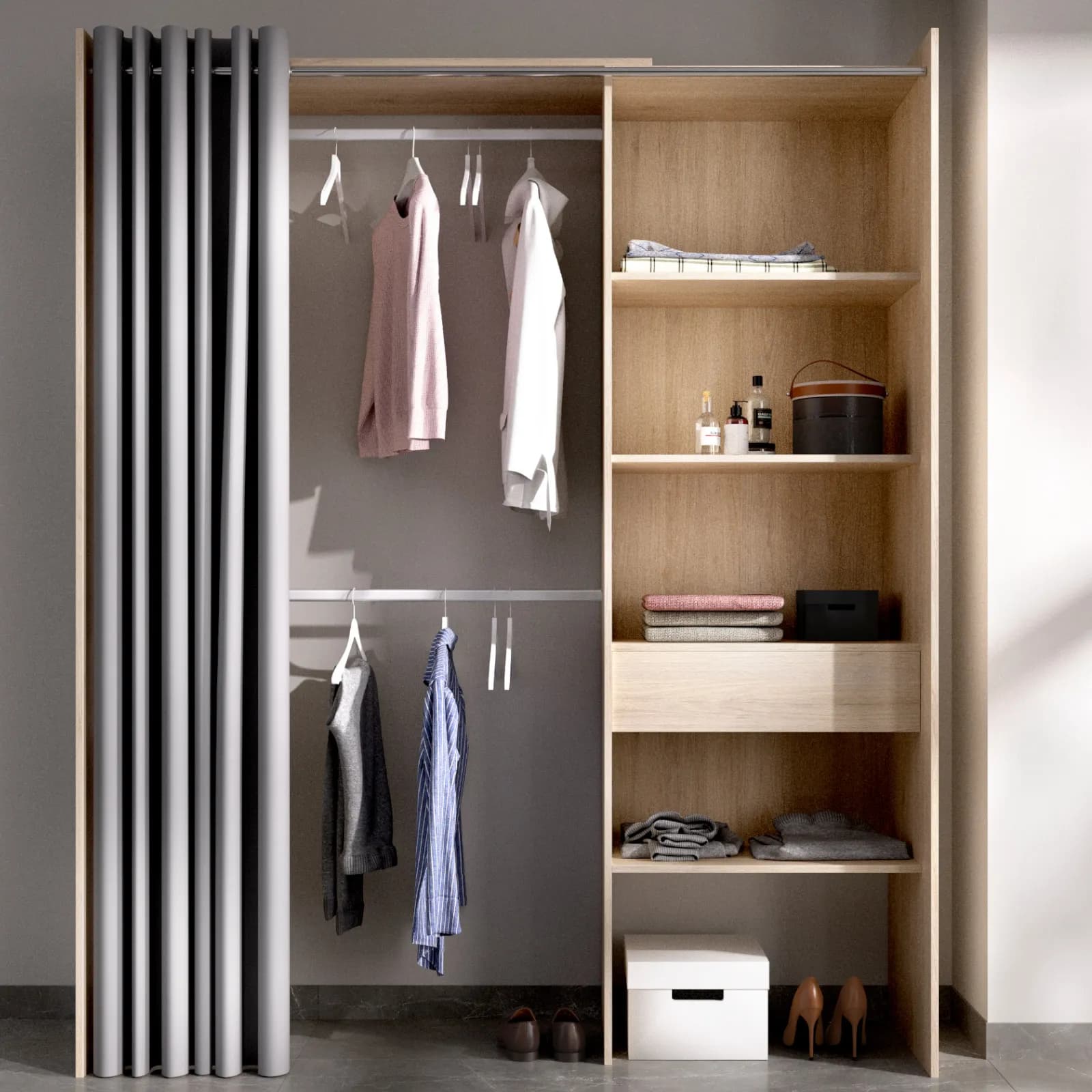 Armadio regolabile 160-110x205 h cm in rovere naturale con tenda - Bernac