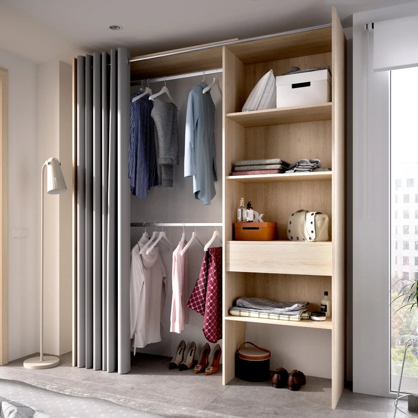 Armadio regolabile 160-110x205 h cm in rovere naturale con tenda - Bernac