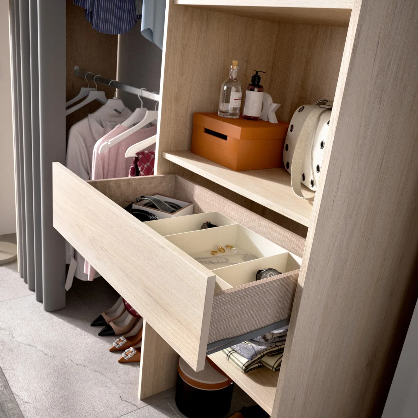 Armadio regolabile 160-110x205 h cm in rovere naturale con tenda - Bernac