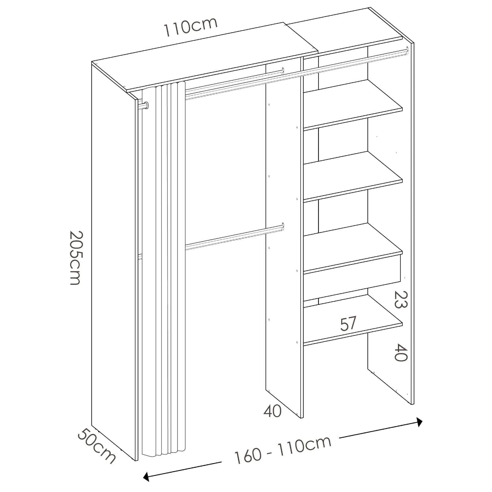 Armadio regolabile 160-110x205 h cm in rovere naturale con tenda - Bernac