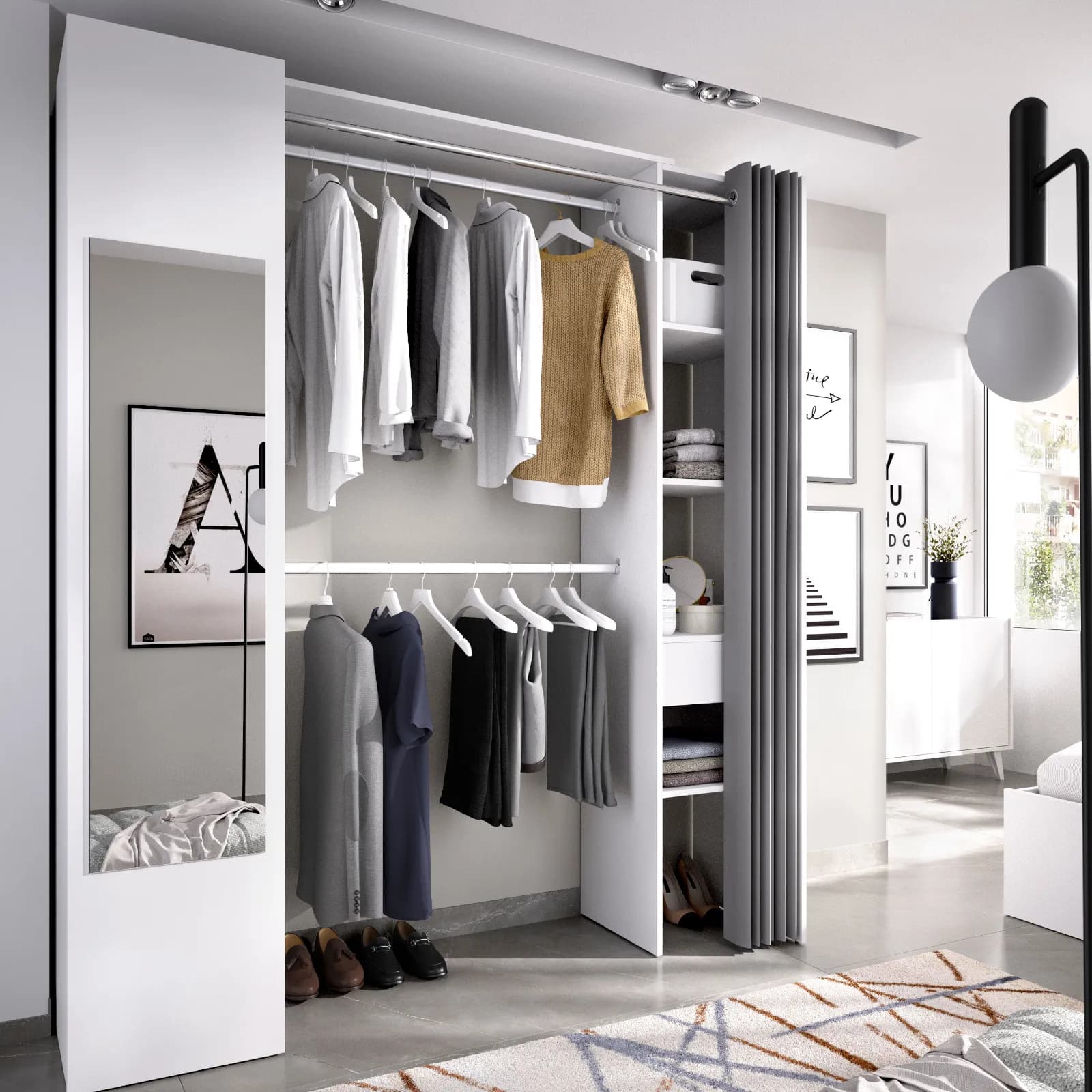 Armadio regolabile 177-110x205 h cm reversibile in legno bianco con specchio e tenda - Bernac