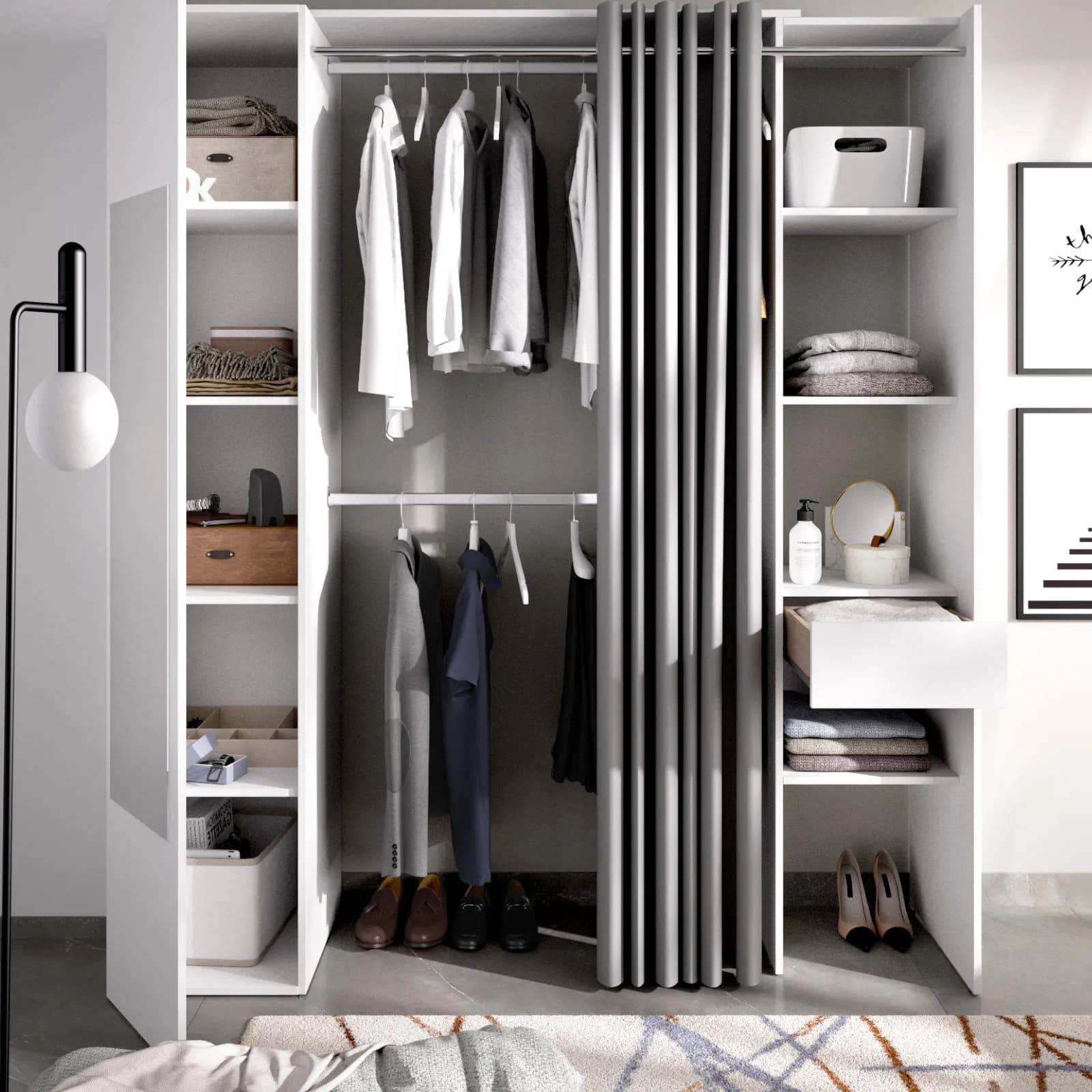 Armadio regolabile 177-110x205 h cm reversibile in legno bianco con specchio e tenda - Bernac