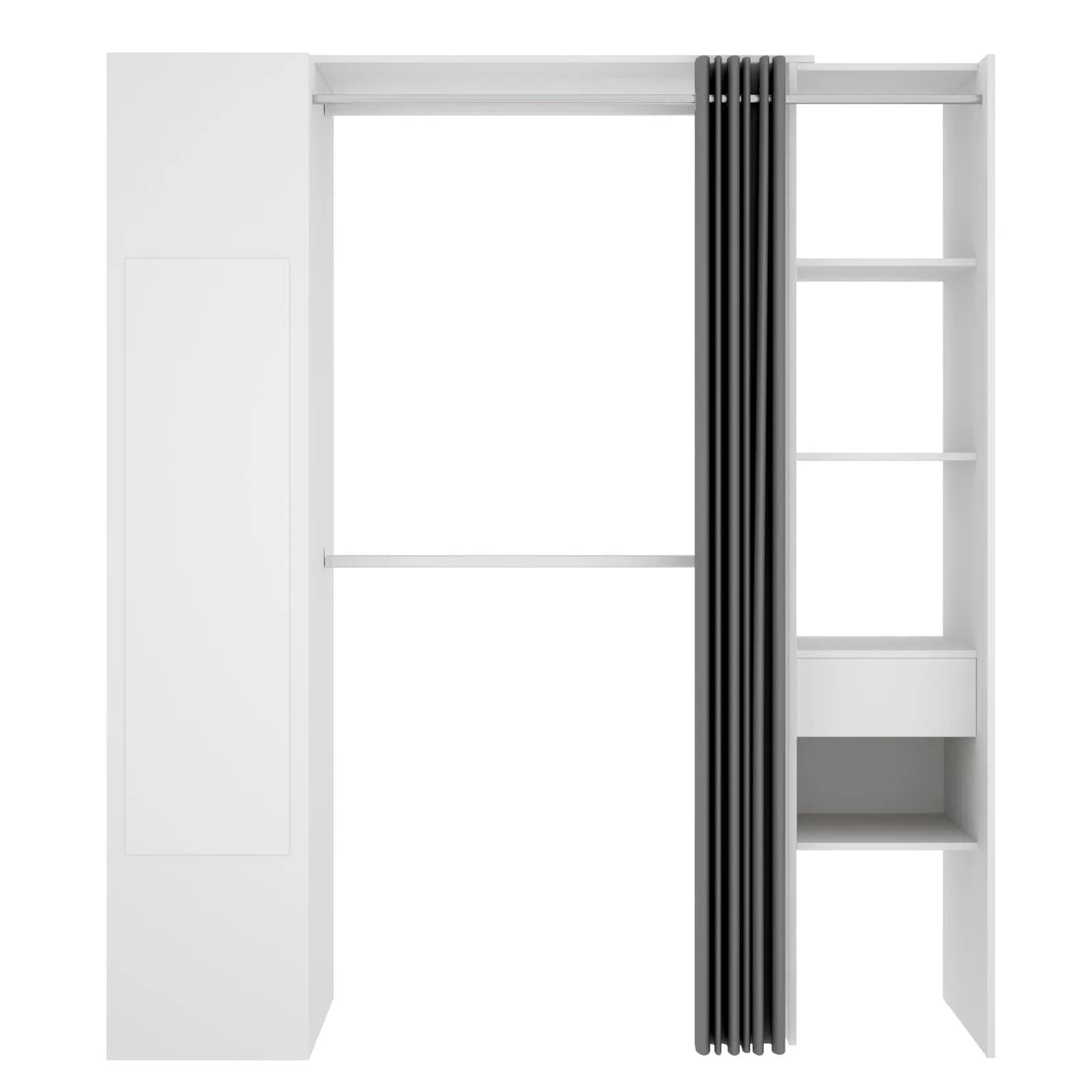 Armadio regolabile 177-110x205 h cm reversibile in legno bianco con specchio e tenda - Bernac
