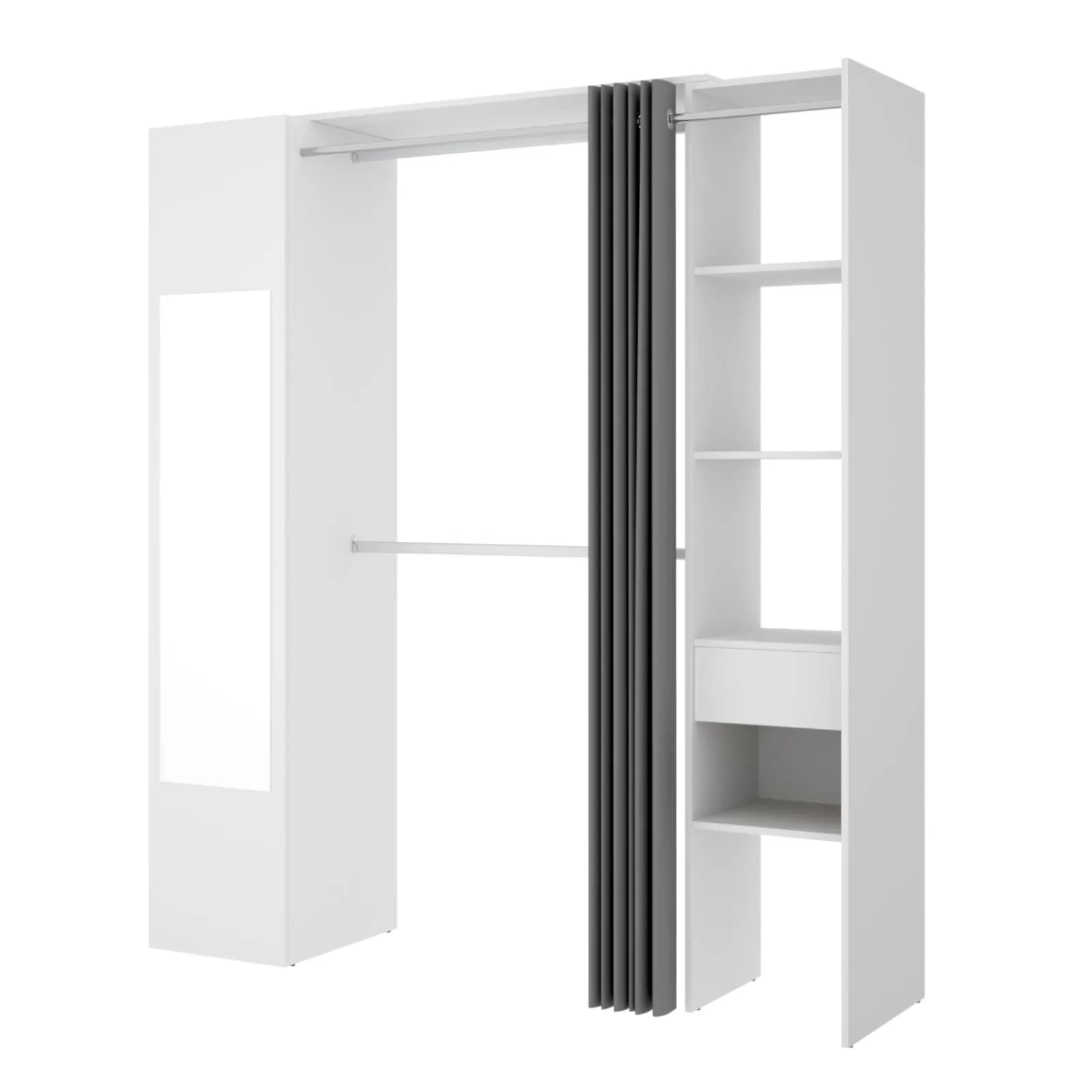 Armadio regolabile 177-110x205 h cm reversibile in legno bianco con specchio e tenda - Bernac