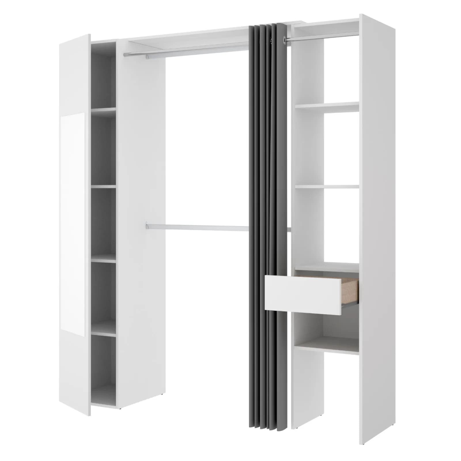 Armadio regolabile 177-110x205 h cm reversibile in legno bianco con specchio e tenda - Bernac