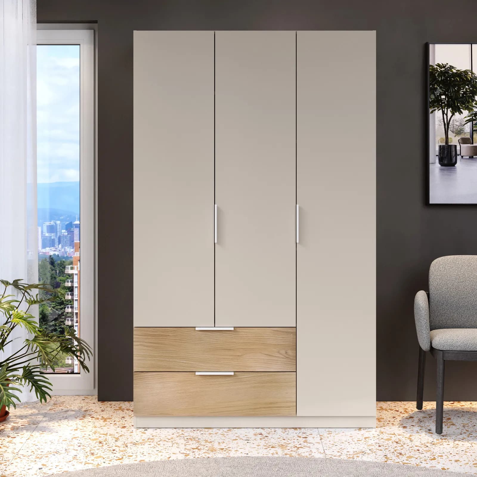 Armadio 122x200h cm cashmere lucido e rovere baysen con 3 ante e 2 cassetti - Mikam