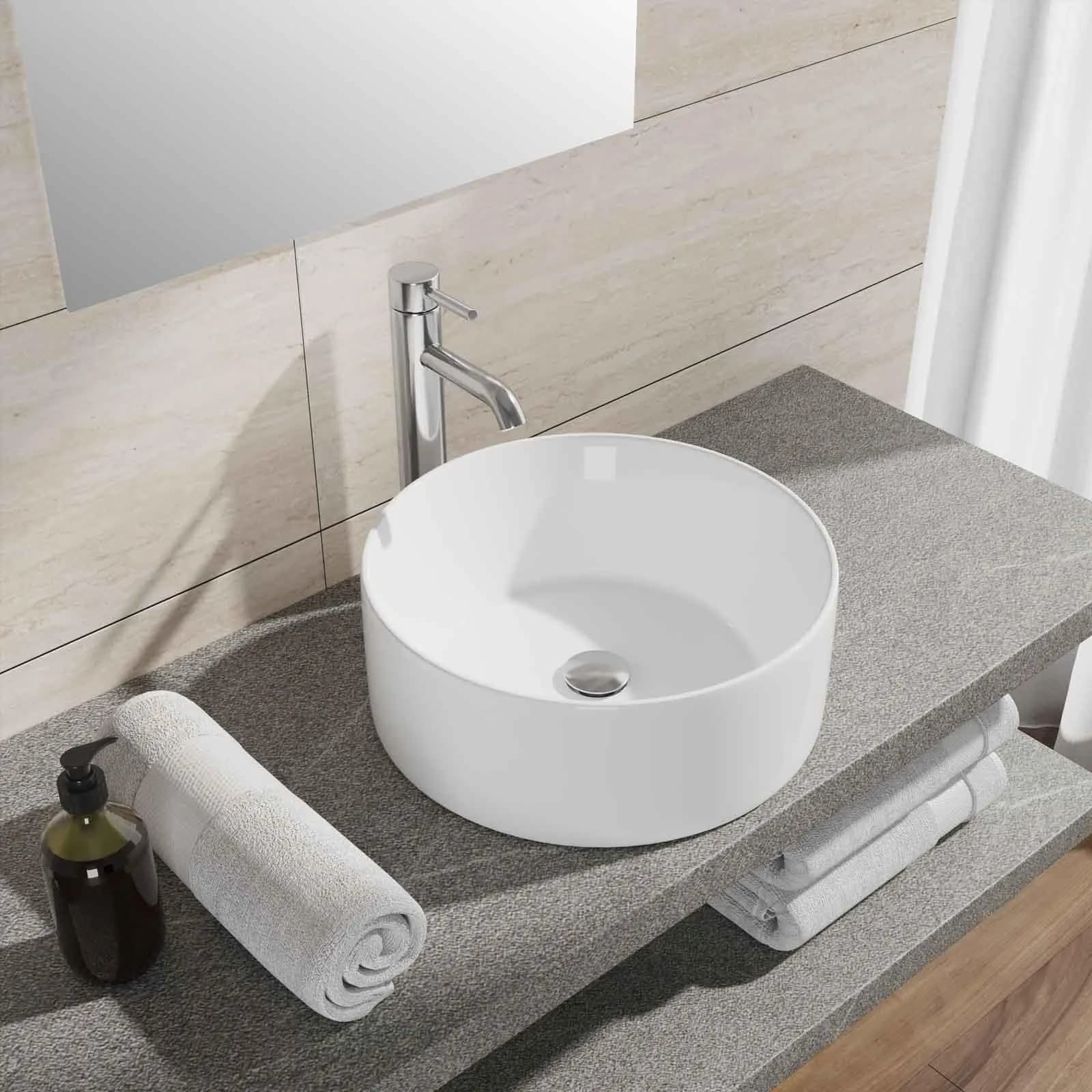 Bacinella in ceramica lavabo d'appoggio tondo 40 cm bianco lucido in ceramica