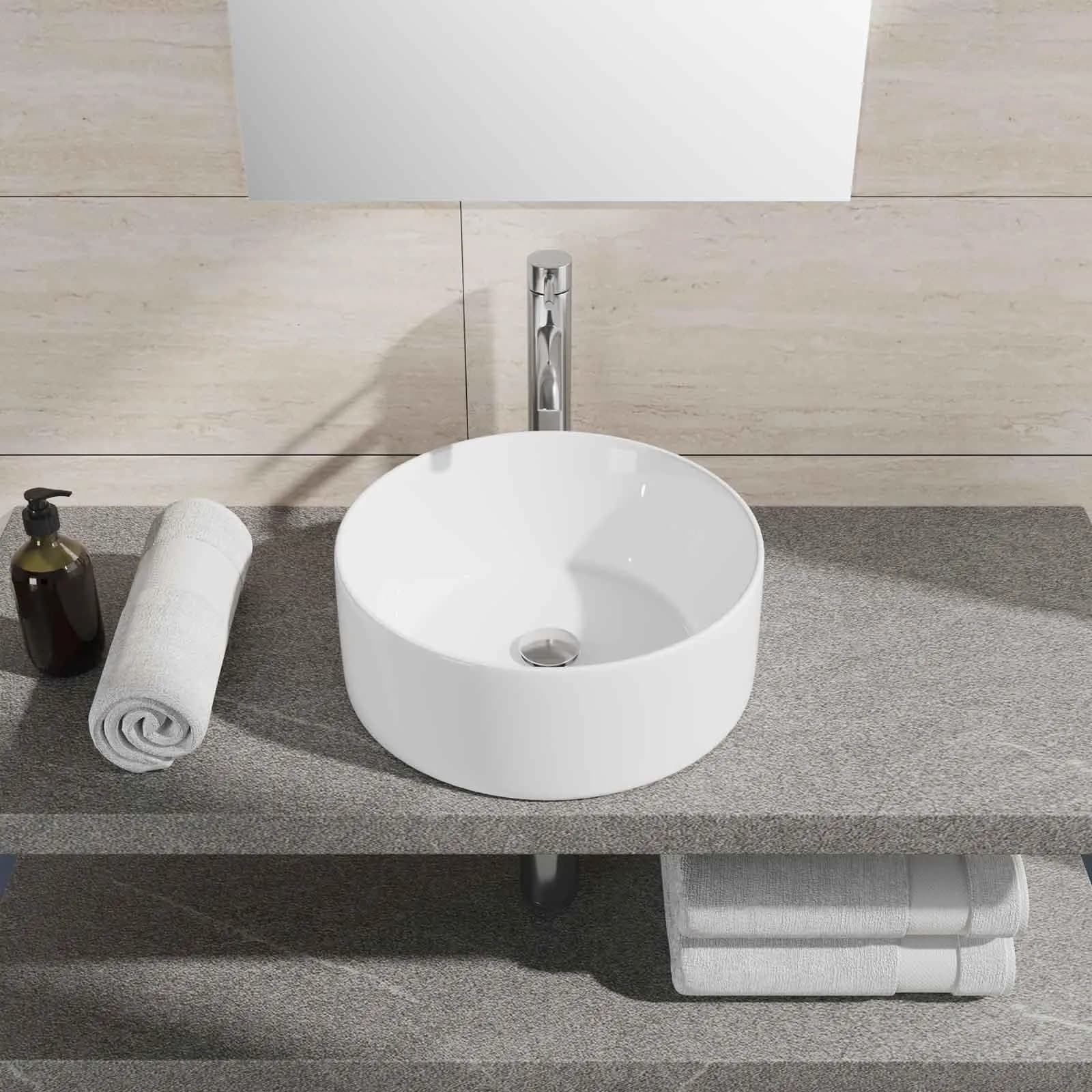 Bacinella in ceramica lavabo d'appoggio tondo 40 cm bianco lucido in ceramica