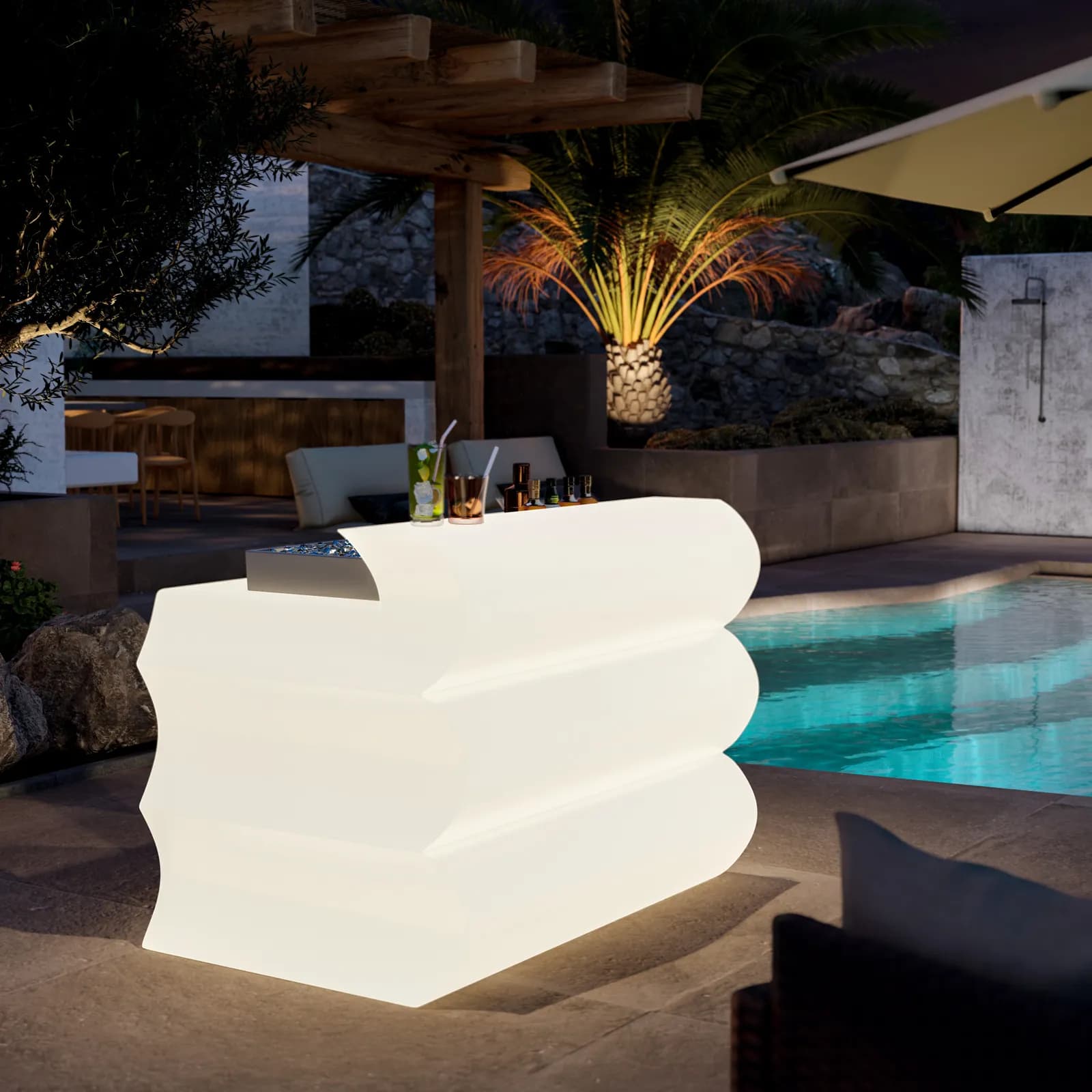 Bancone per lounge bar 145 cm con kit luce neutro in polietilene bianco - Prysma