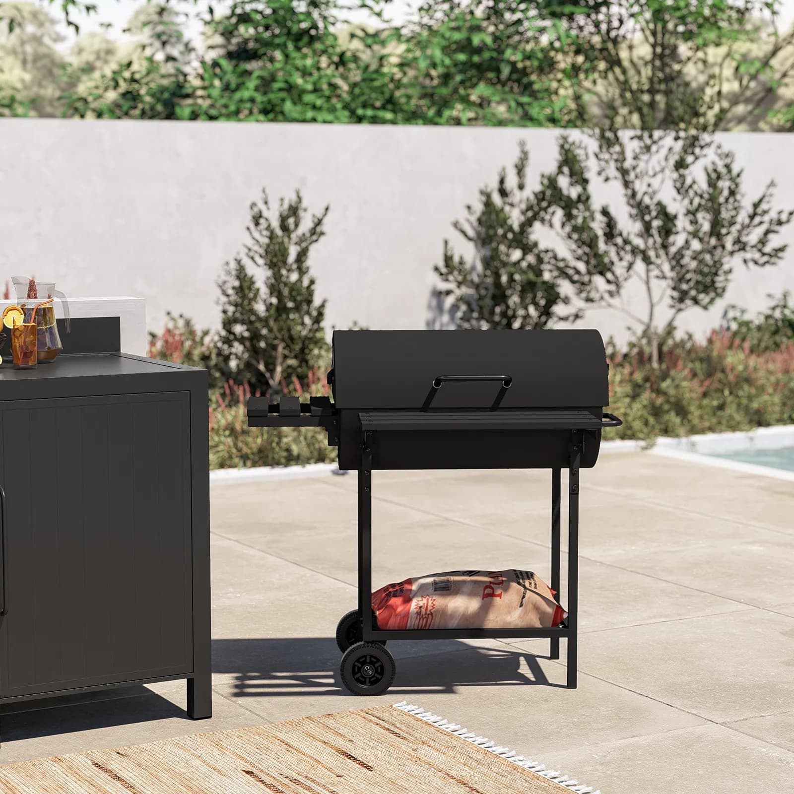 Barbecue a carbonella con ruote 102x32x97h cm in acciaio nero con cappa e due ripiani - Poseidone