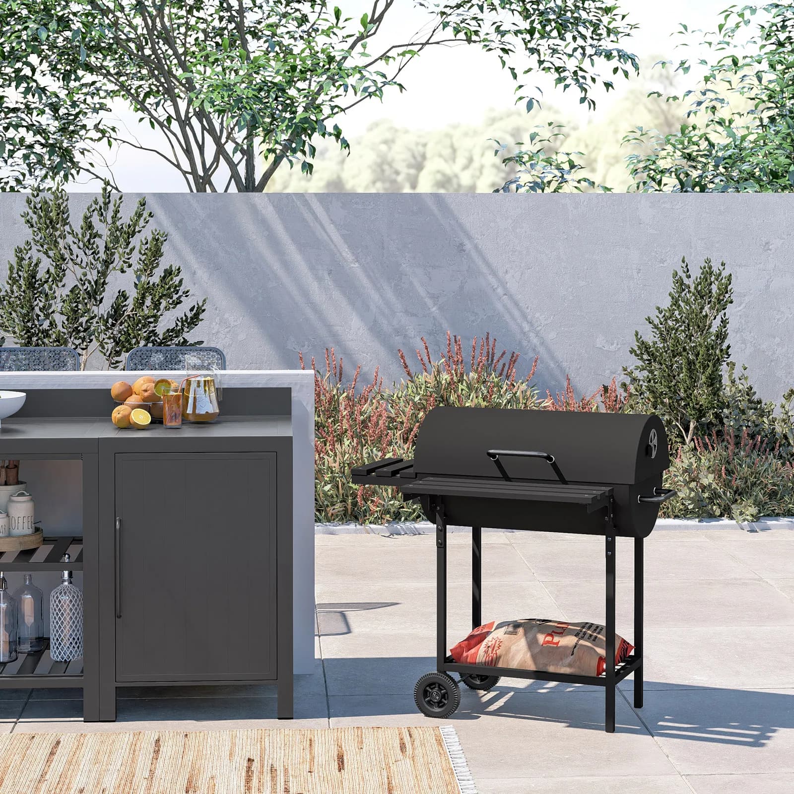 Barbecue a carbonella con ruote 102x32x97h cm in acciaio nero con cappa e due ripiani - Poseidone