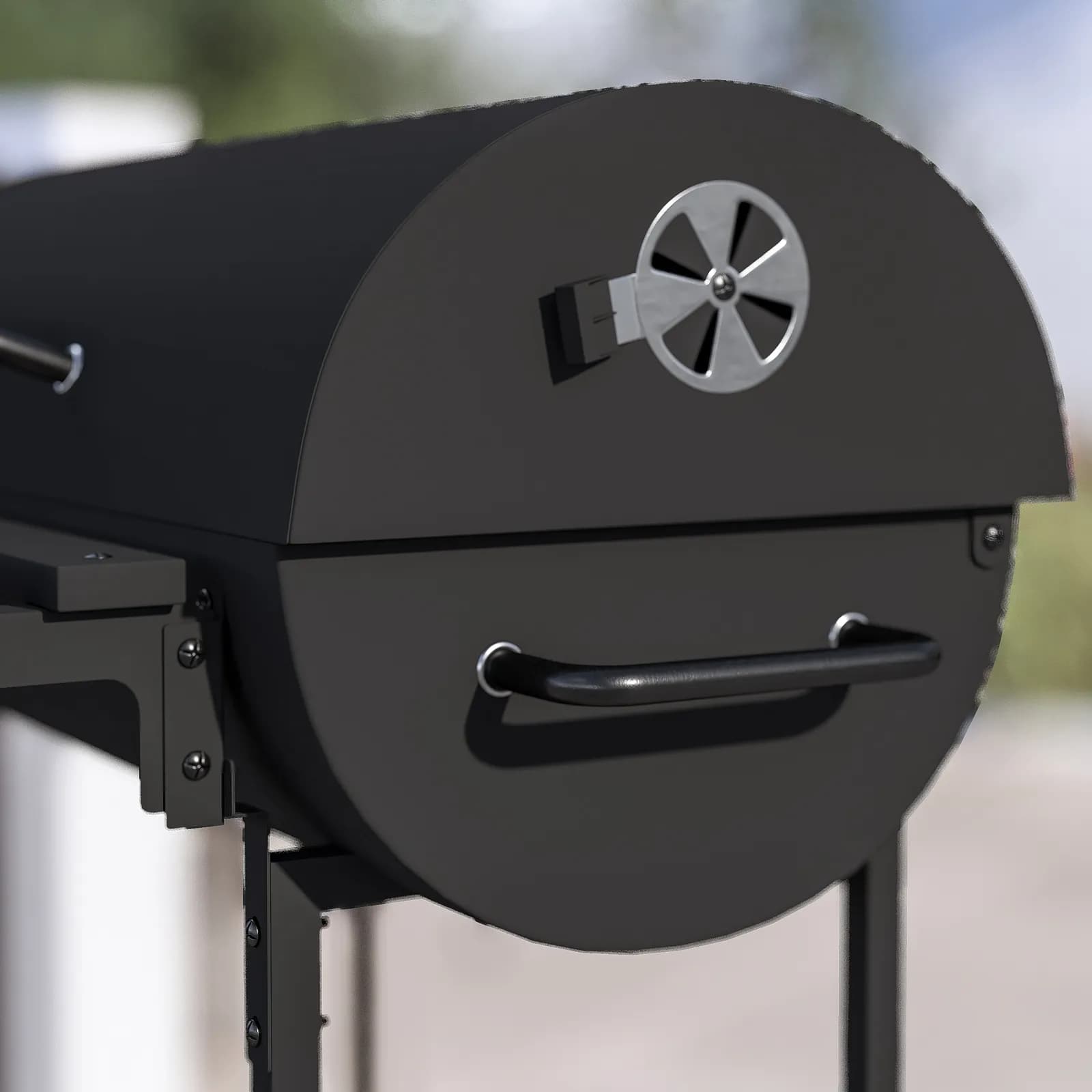 Barbecue a carbonella con ruote 102x32x97h cm in acciaio nero con cappa e due ripiani - Poseidone