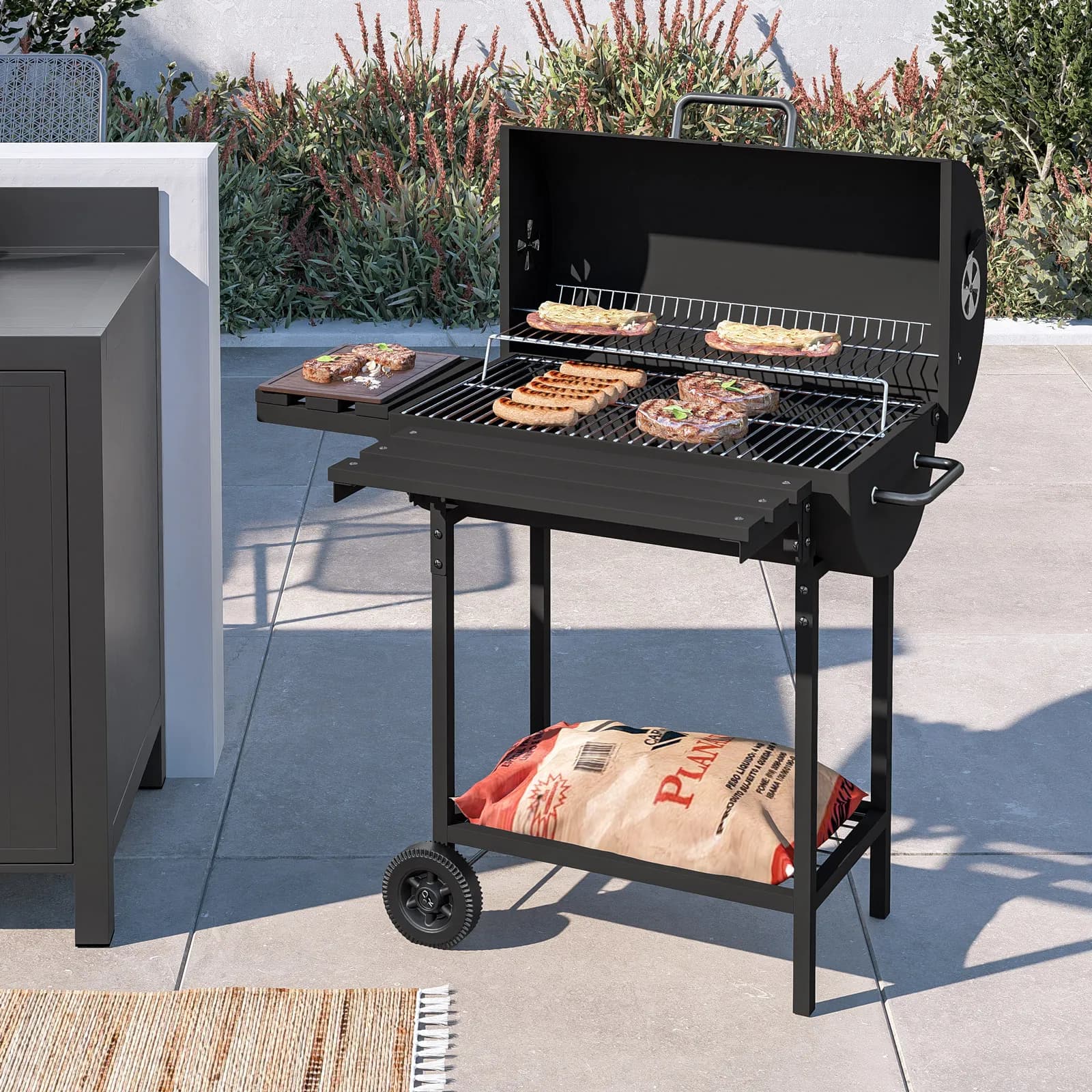 Barbecue a carbonella con ruote 102x32x97h cm in acciaio nero con cappa e due ripiani - Poseidone