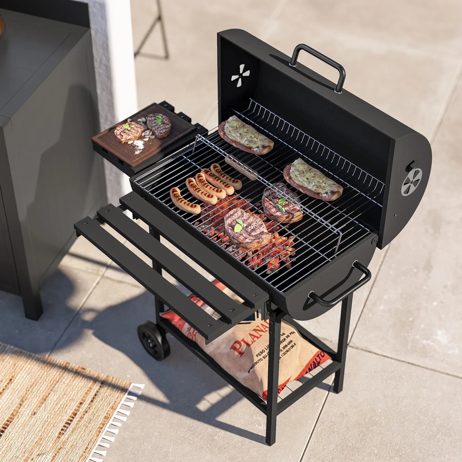 Barbecue a carbonella con ruote 102x32x97h cm in acciaio nero con cappa e due ripiani - Poseidone