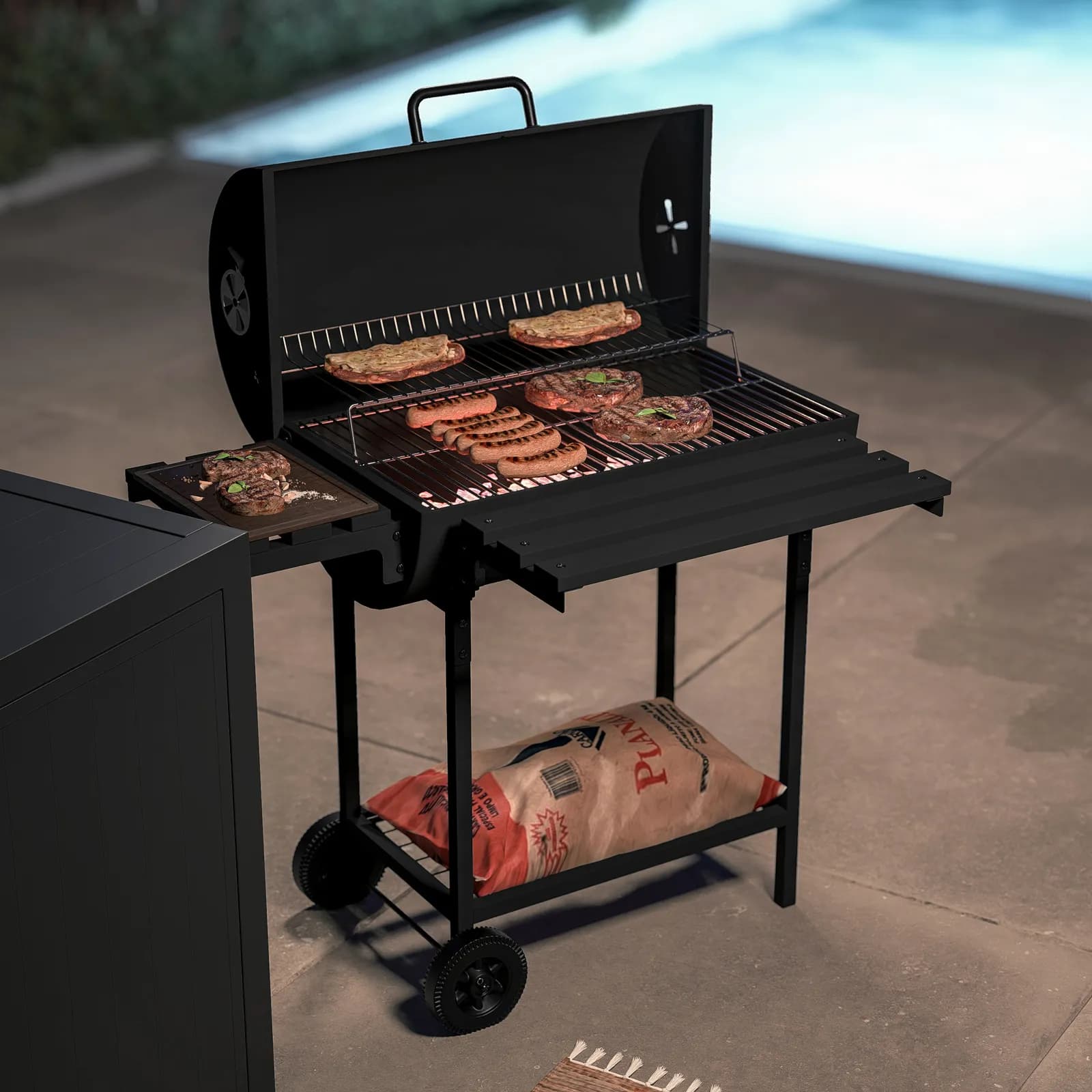 Barbecue a carbonella con ruote 102x32x97h cm in acciaio nero con cappa e due ripiani - Poseidone