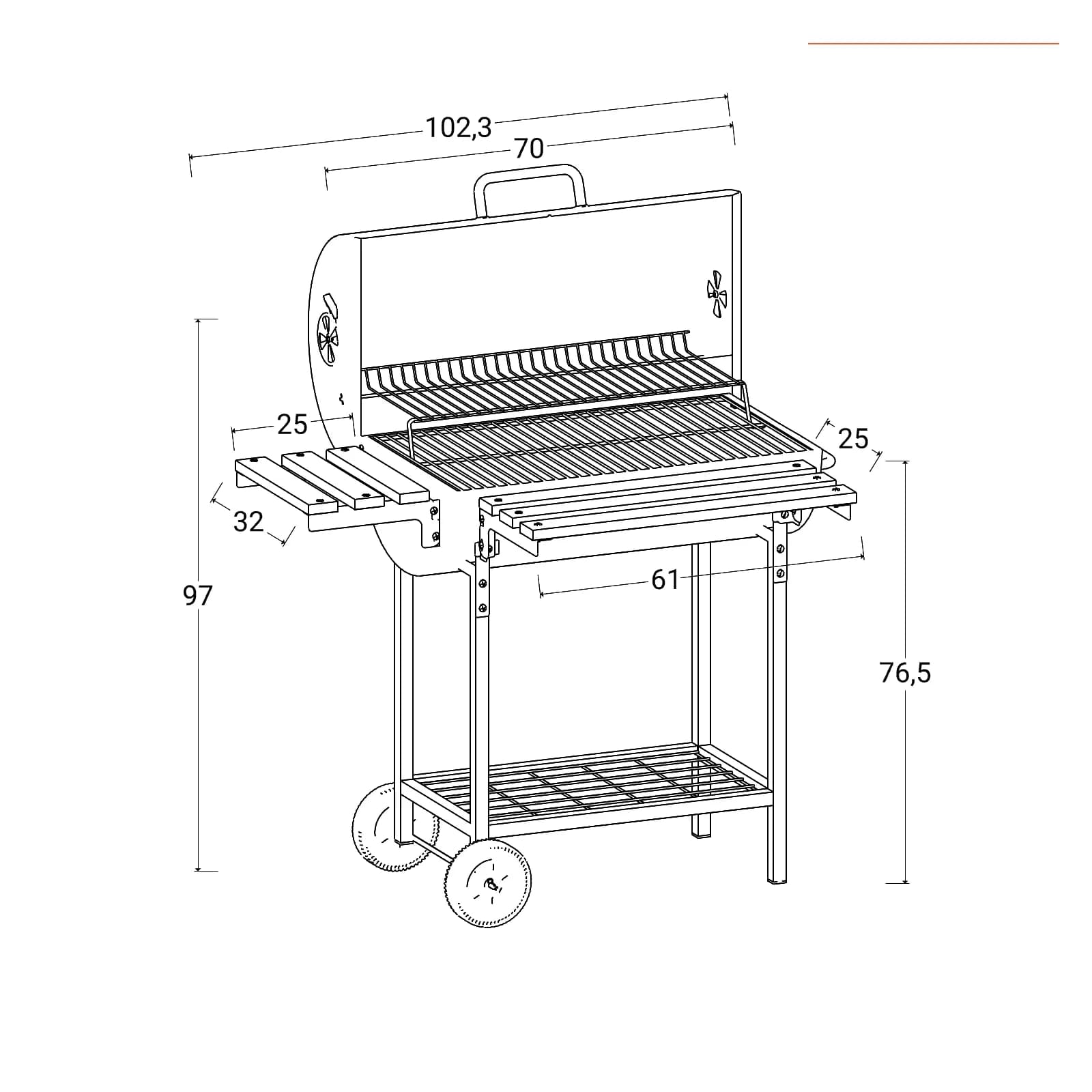 Barbecue a carbonella con ruote 102x32x97h cm in acciaio nero con cappa e due ripiani - Poseidone