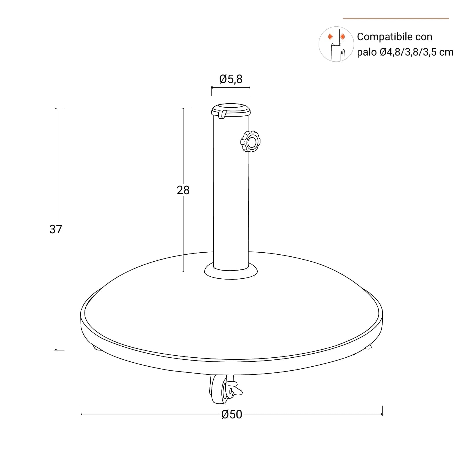 Base per ombrellone palo centrale da 25 kg con ruote rotonda 50 cm in cemento nero - Manek