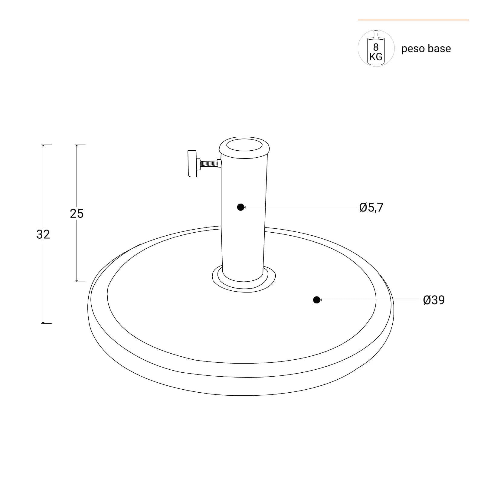 Base rotonda 40 cm per ombrellone con palo centrale in resina grigio da 8 kg