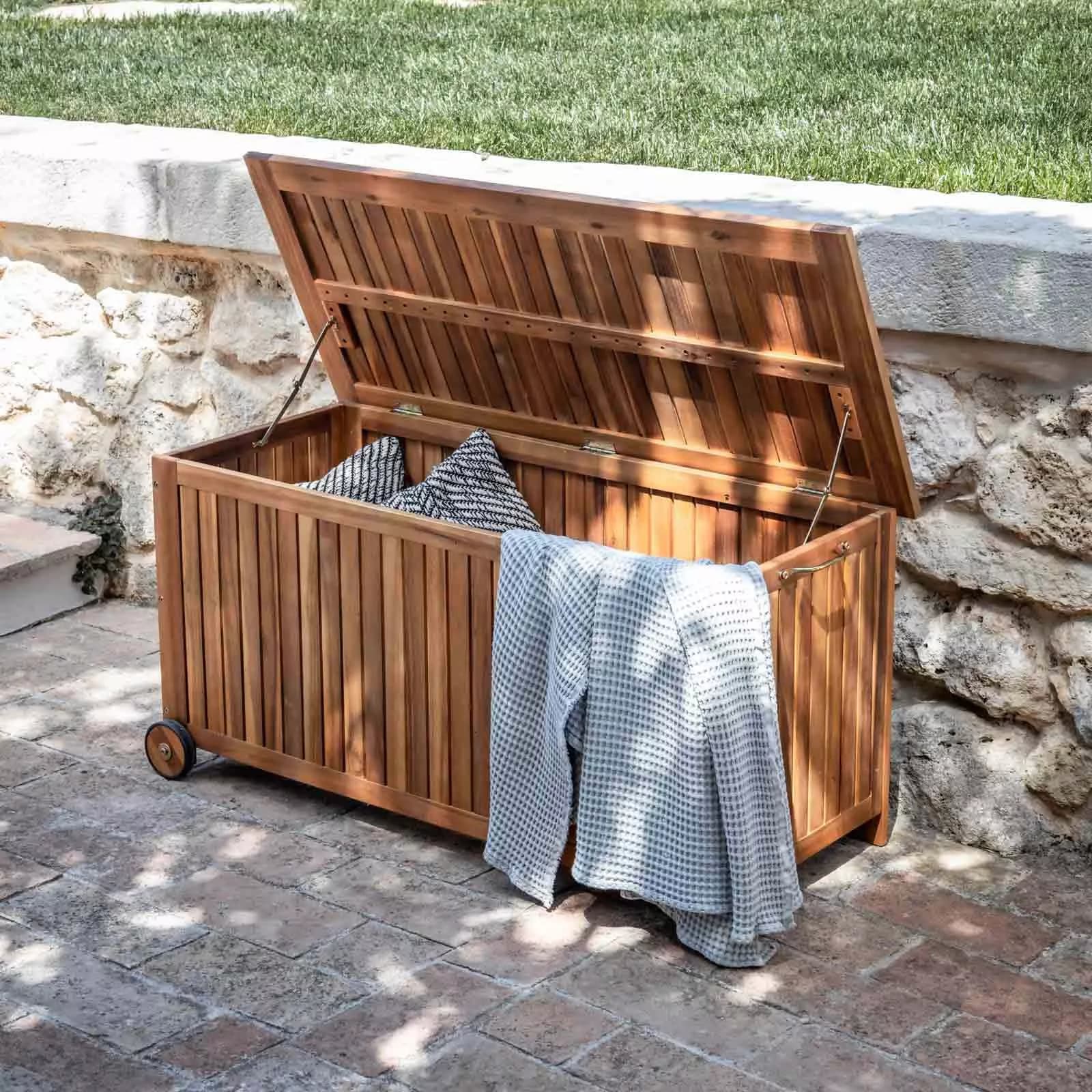 Baule contenitore in legno di acacia con ruote - Paja