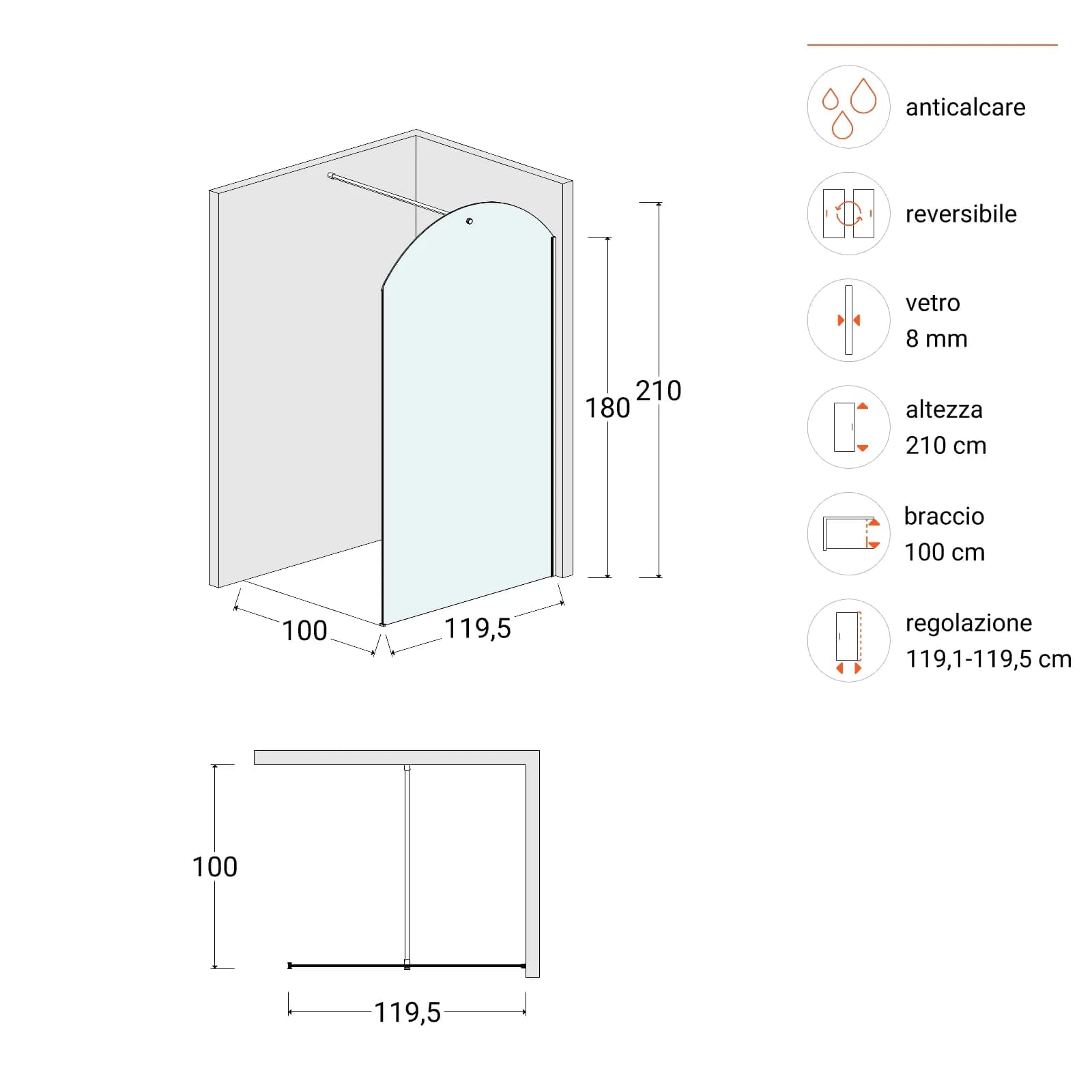 Box doccia Walk in arco 120 cm vetro anticalcare trasparente e profilo cromo 210 h - Deka