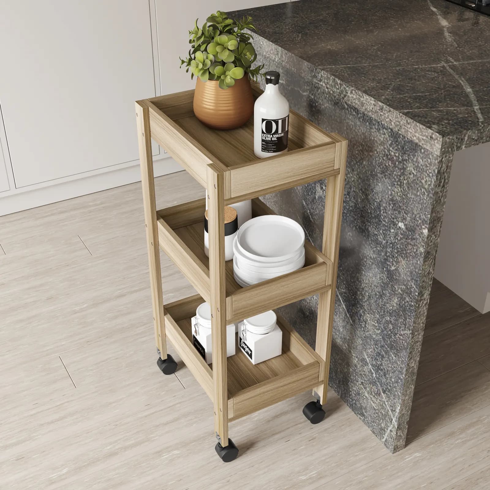 Carrello 40x80h cm effetto rovere kyoto con 3 ripiani - Nathur