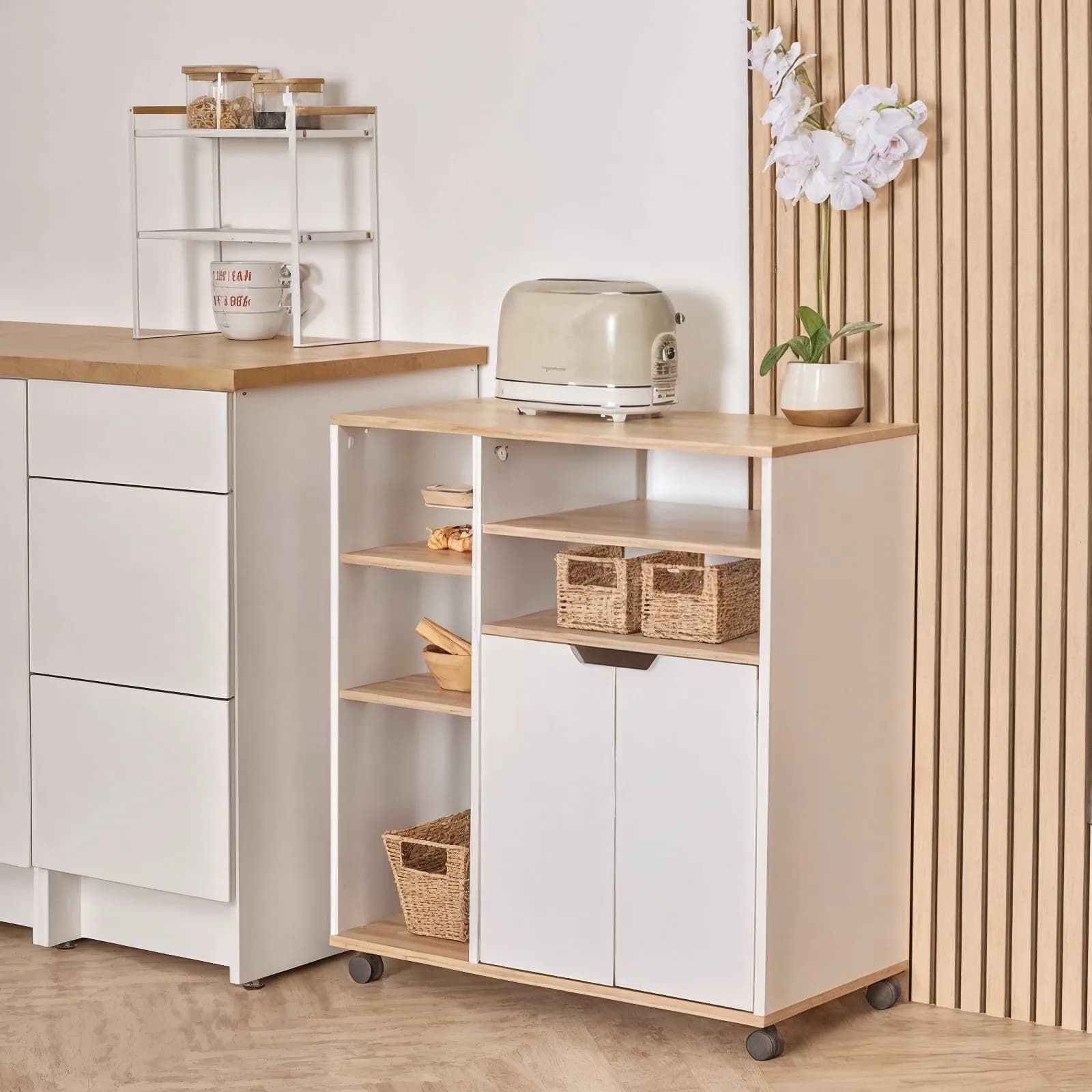 Carrello da cucina 76x85h cm bianco ed effetto rovere con 2 ante - Jarek