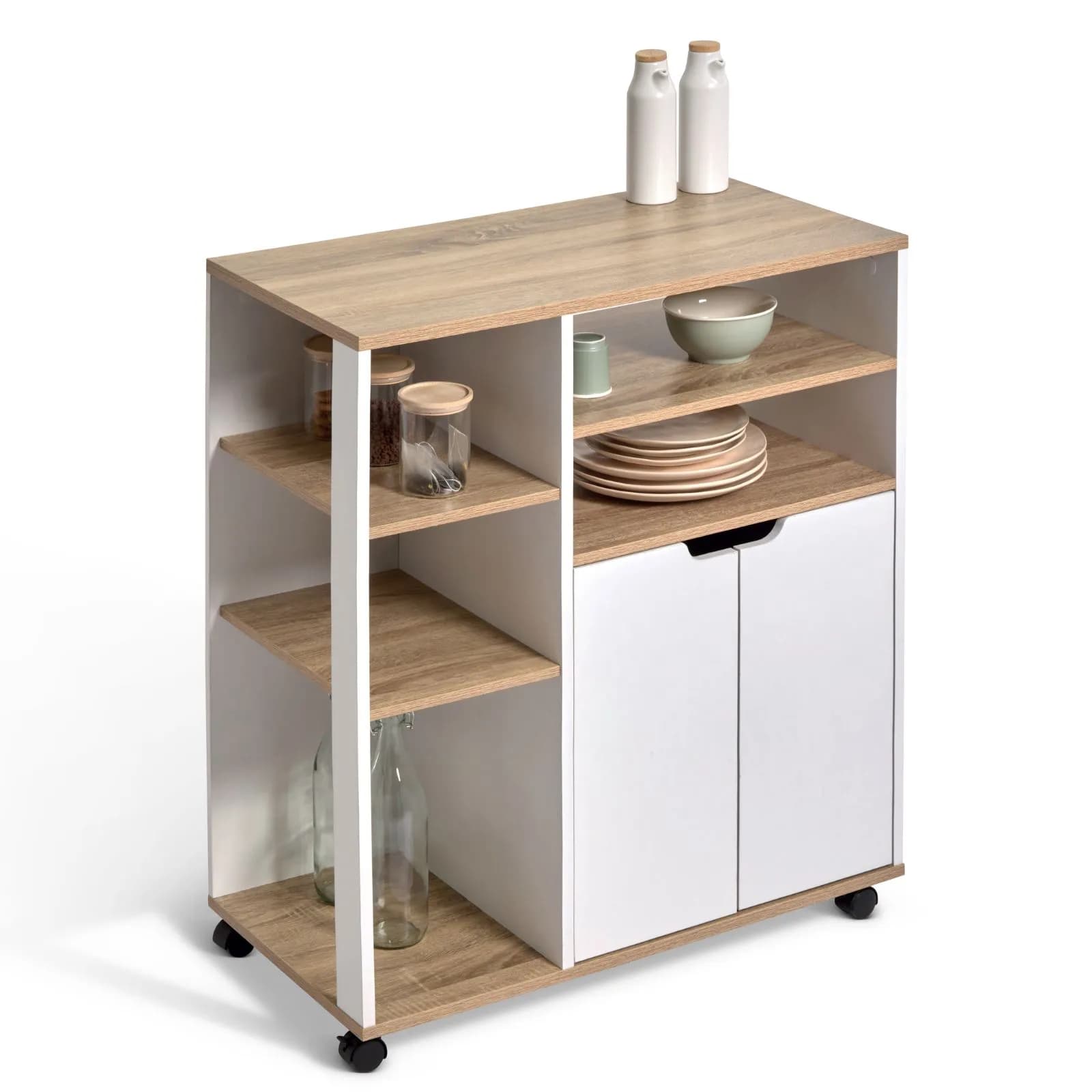 Carrello da cucina 76x85h cm bianco ed effetto rovere con 2 ante - Jarek
