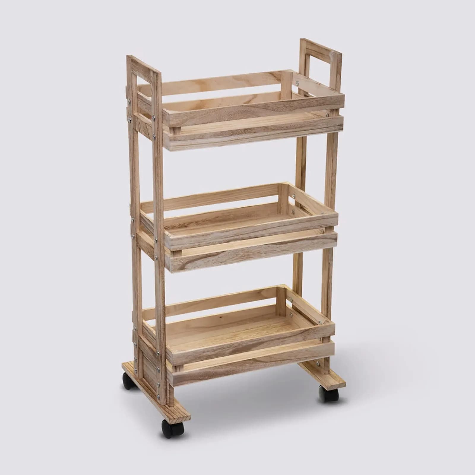 Carrello da cucina 82h cm in legno di paulownia naturale con freni e 3 ripiani